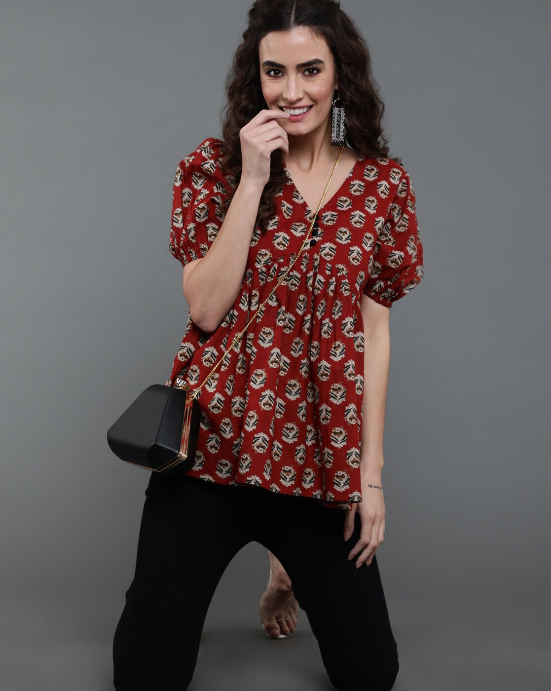 aromie red printed rayon tunic with V neck puff sleeves and empire waist Rayon casual top women