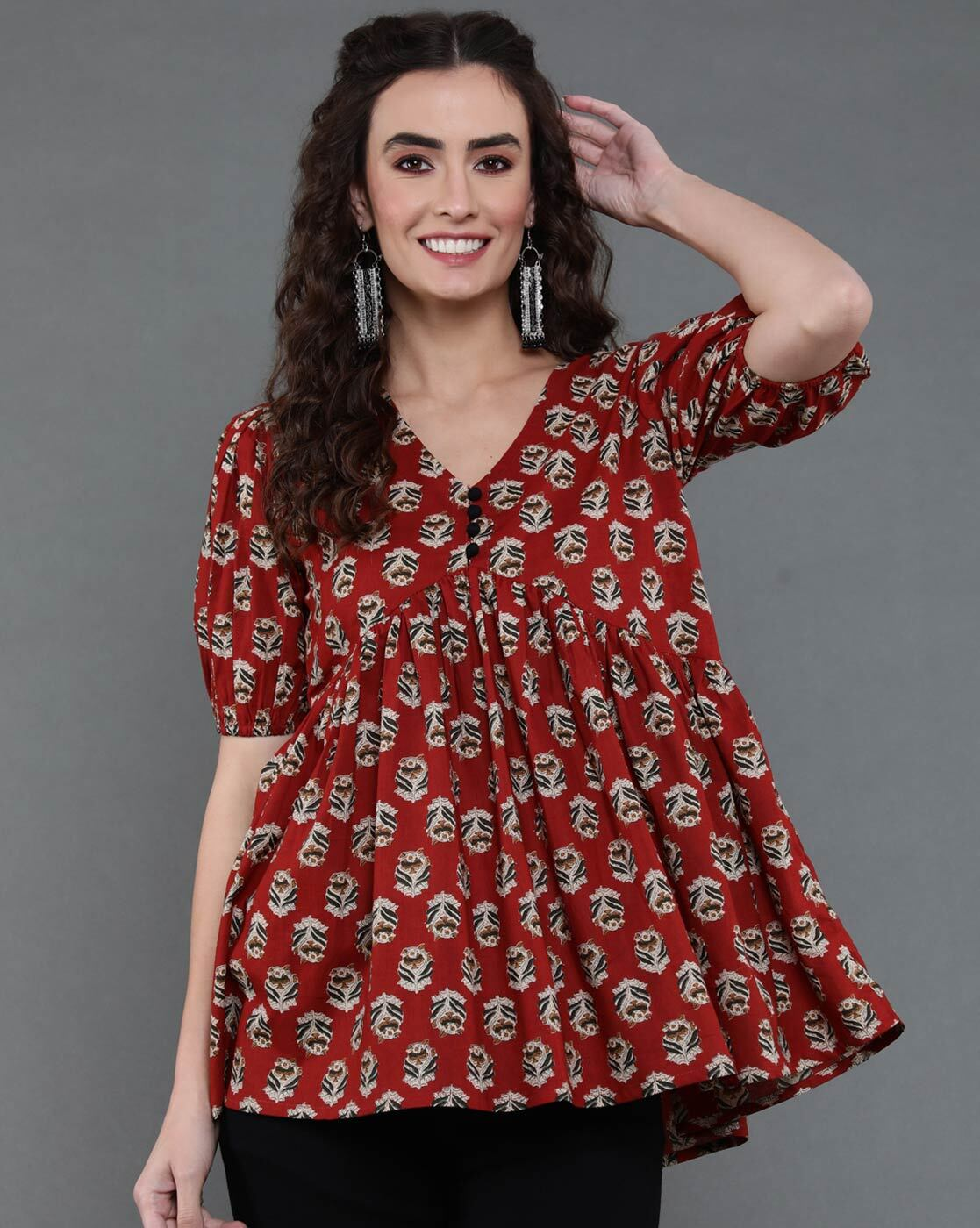 Rayon casual top women aromie red printed babydoll V neck top with puff sleeves and gathered empire waist