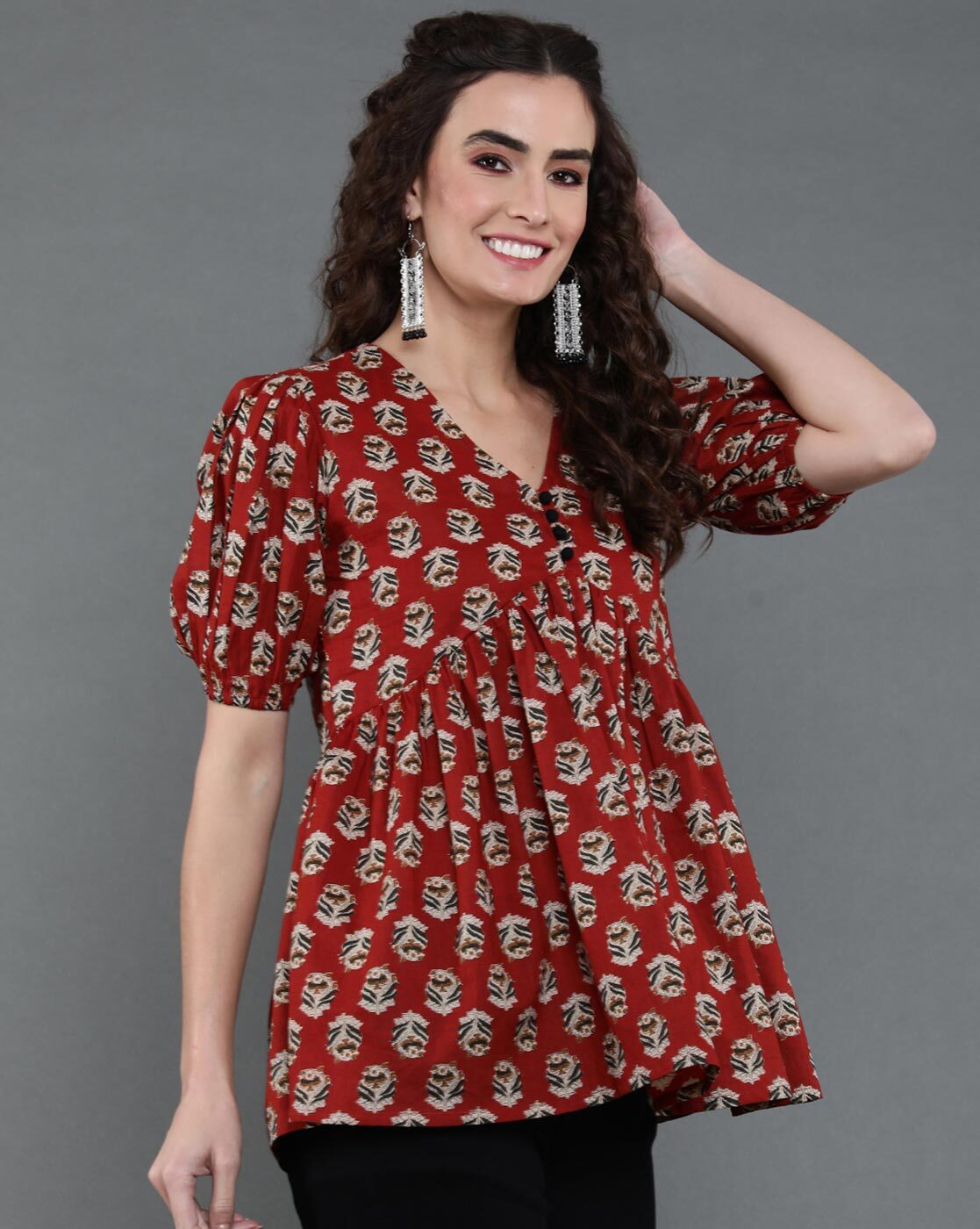 aromie Rayon casual top women red printed babydoll blouse with V neck and puff sleeves