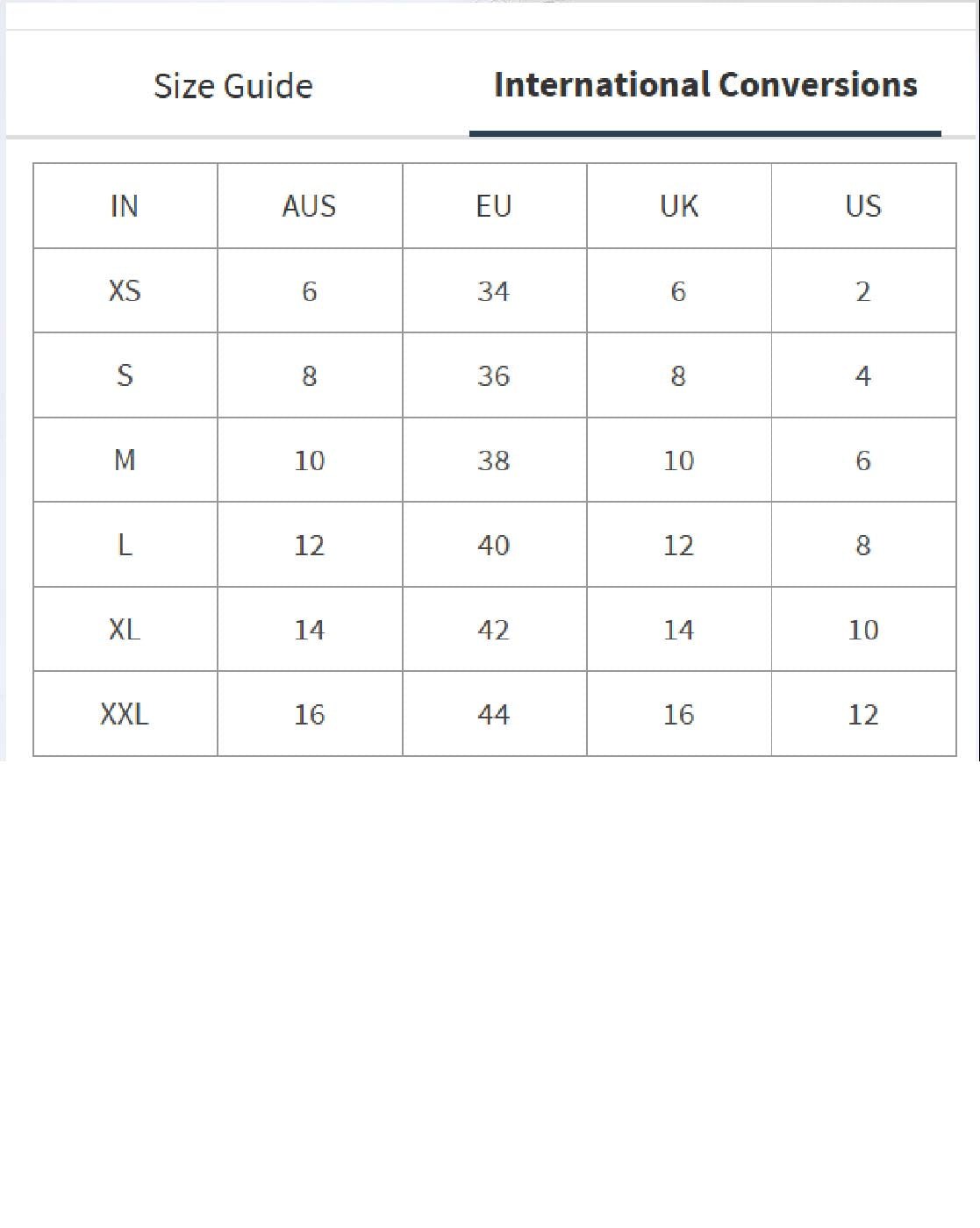 Aromie size guide table showing international conversions for women tops from XS to XXL Rayon casual top women