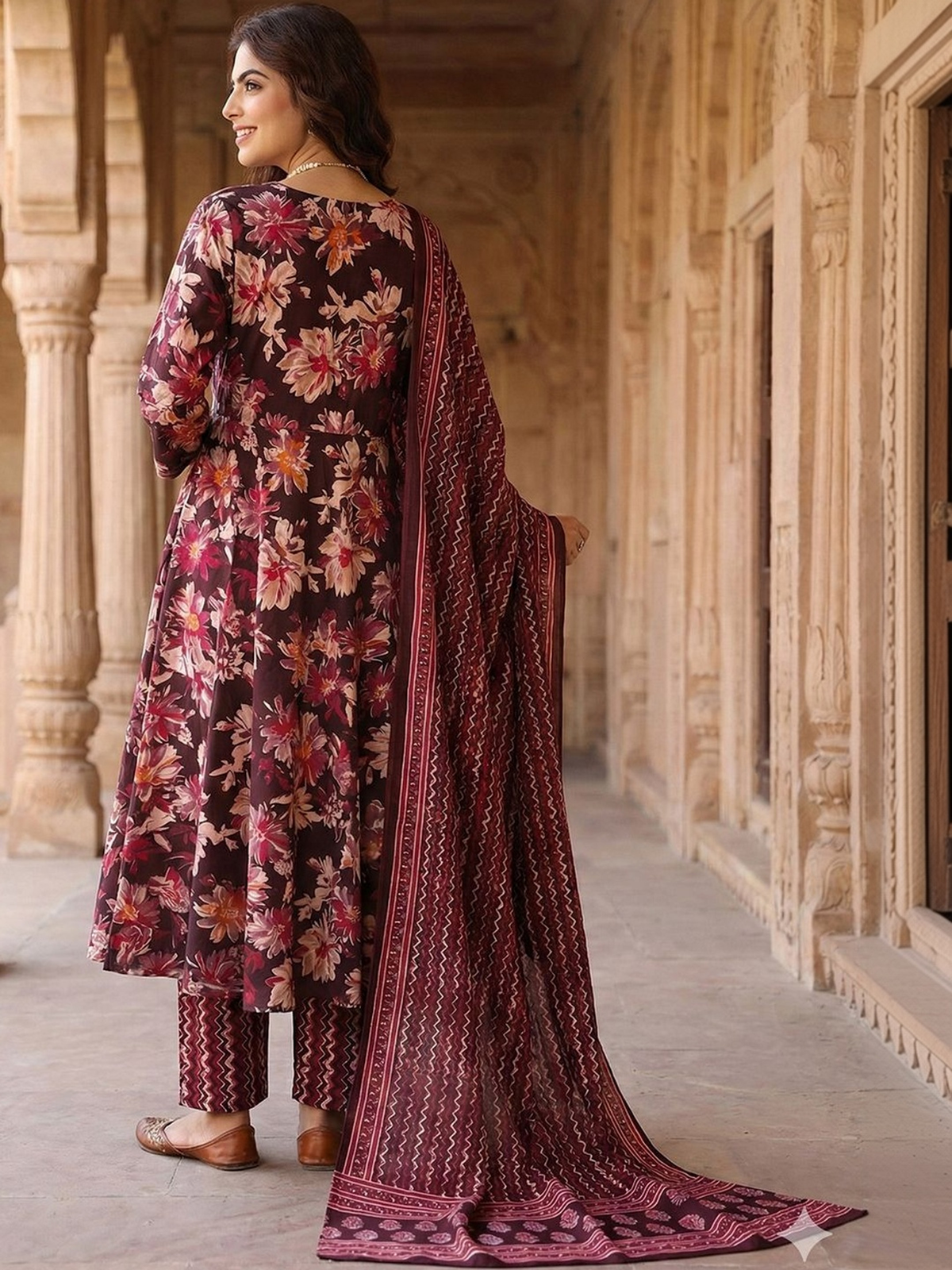 Brown embroidered anarkali kurta set featuring floral design and matching dupatta, perfect for festive occasions.