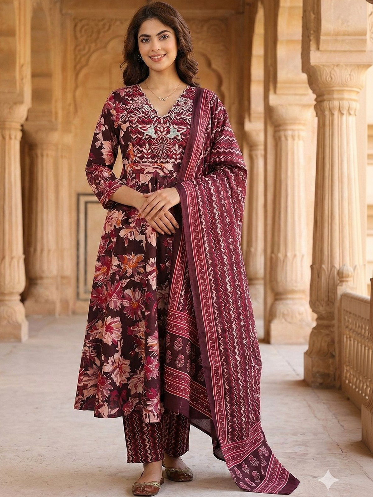 Brown embroidered anarkali kurta set featuring floral patterns, soft fabric, suitable for festive occasions.