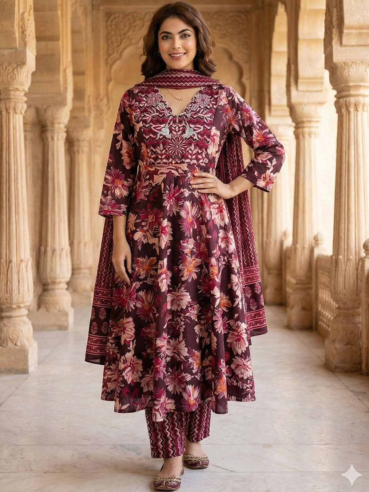 Brown embroidered anarkali kurta set featuring floral patterns in a beautiful front view, perfect for festive occasions.