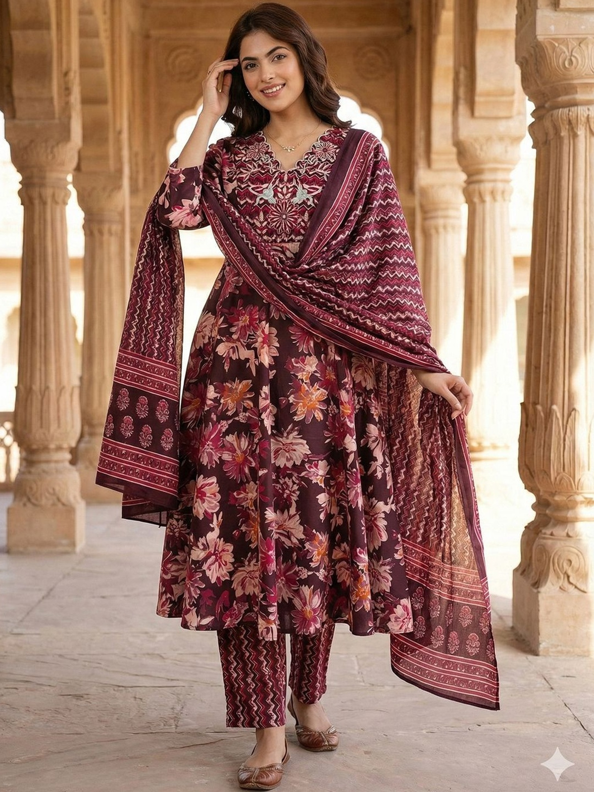Brown embroidered anarkali kurta set in floral design, perfect for festive occasions, featuring a front view with dupatta