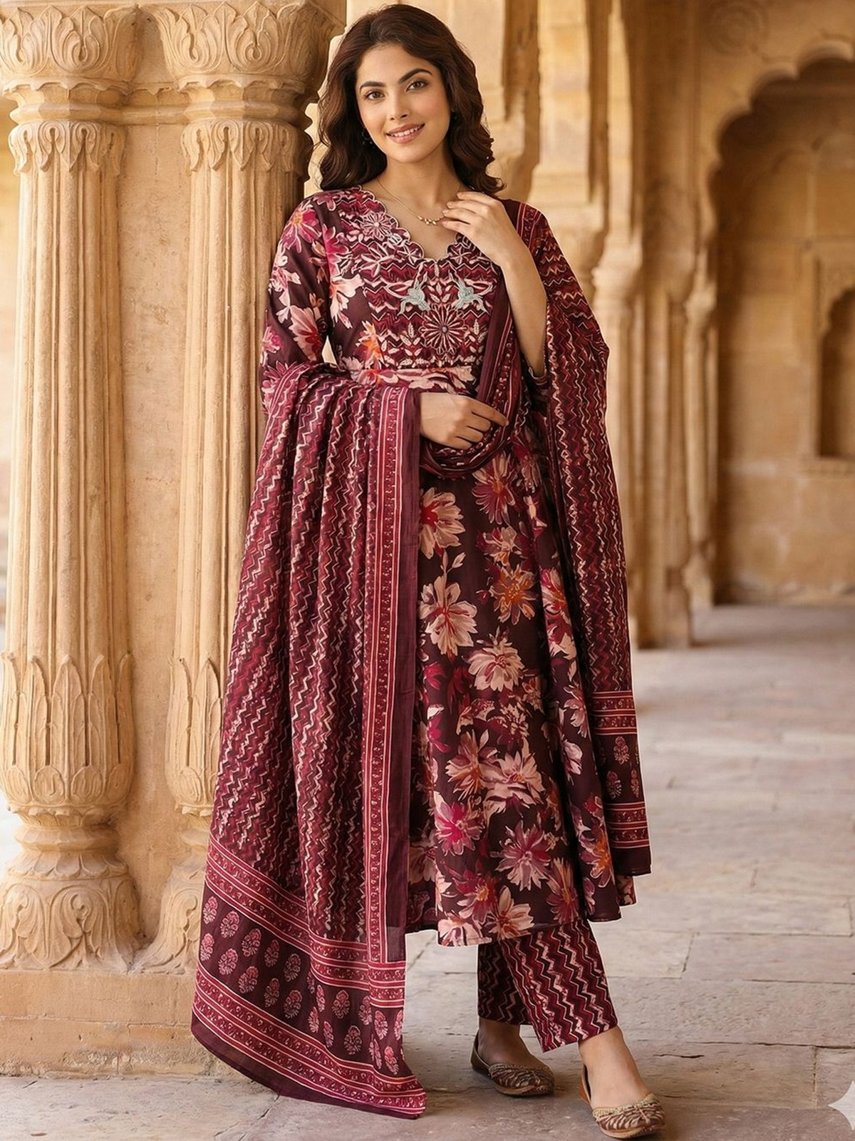 Brown embroidered anarkali kurta set in floral design, perfect for festive occasions or wedding wear.
