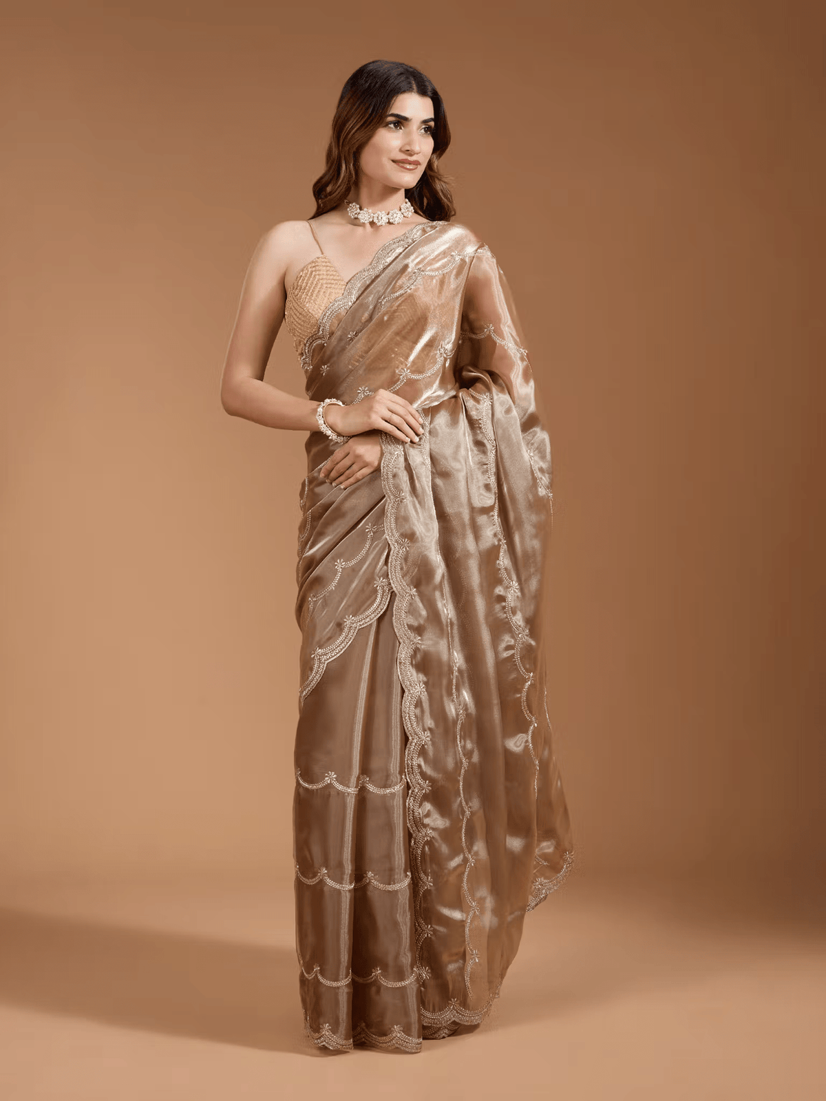 Brown Georgette Party Wear Saree with Scallop Embroidery | Saree with Blouse Canada - aromie