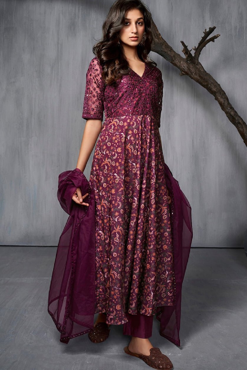 Burgundy and Orange Kurta Set - Elegant 3 Piece