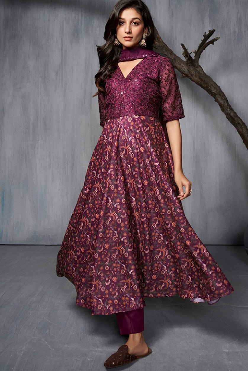 Burgundy and Orange Kurta Set - Elegant 3 Piece