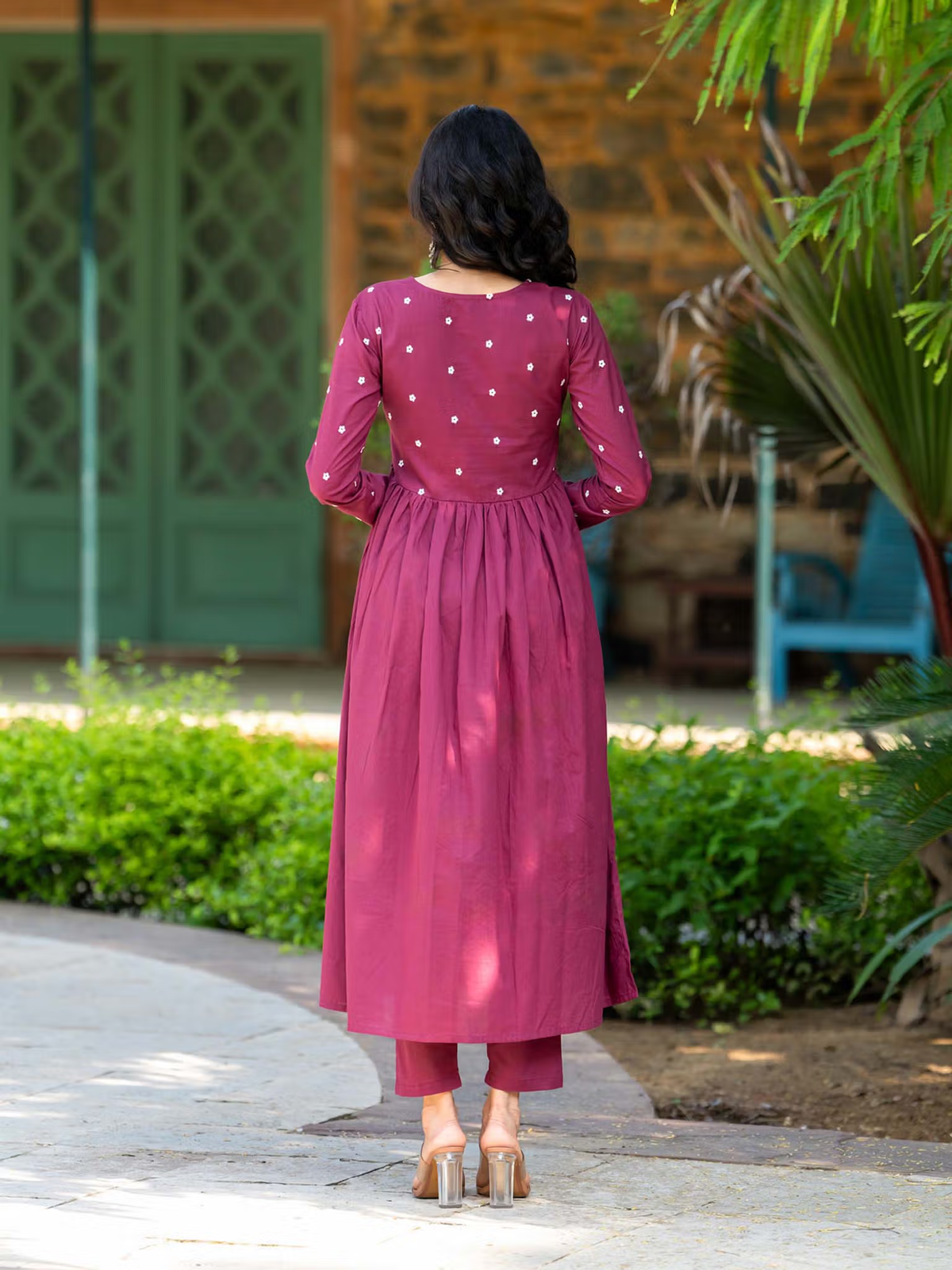 Burgundy embroidered kurta set Canada featuring a stylish back design with elegant detailing