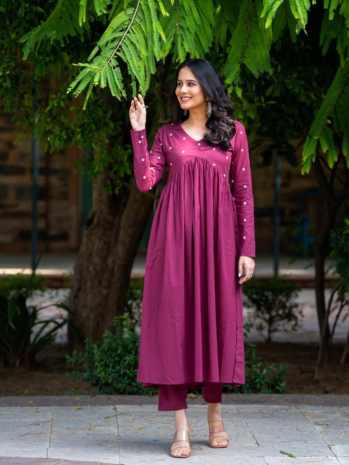 Burgundy embroidered kurta set Canada featuring a stylish design with a flowy silhouette