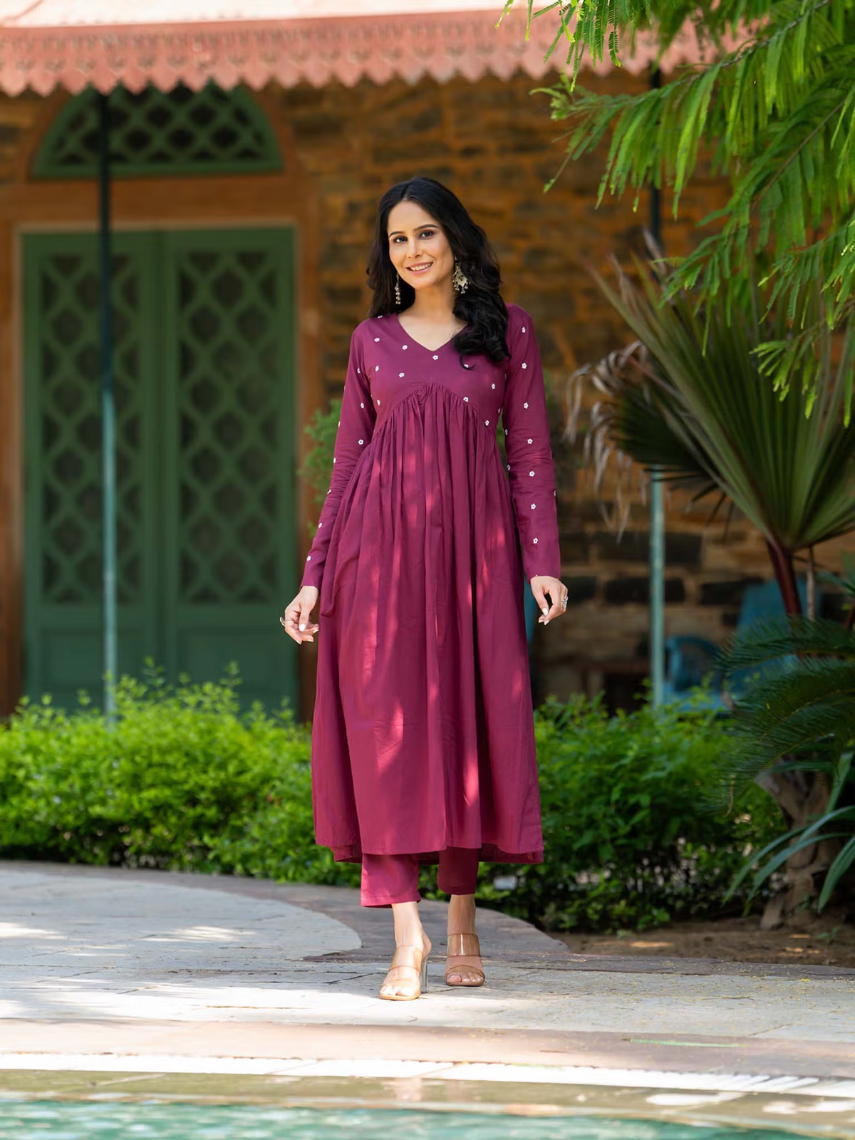 Burgundy embroidered kurta set Canada featuring a flowy design and embellishments for a stylish look