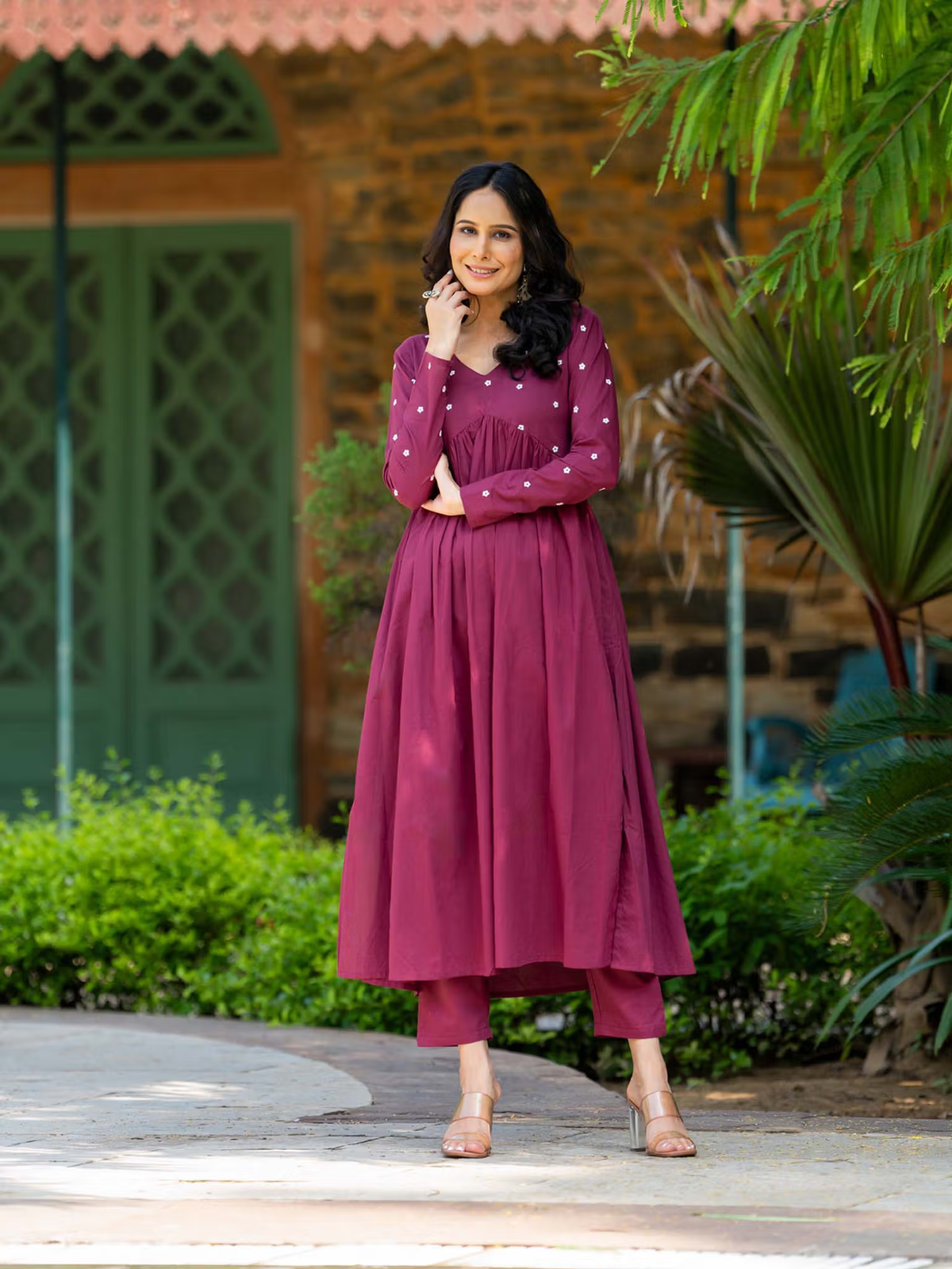 Burgundy embroidered kurta set Canada featuring a stylish long kurta and matching palazzo pants