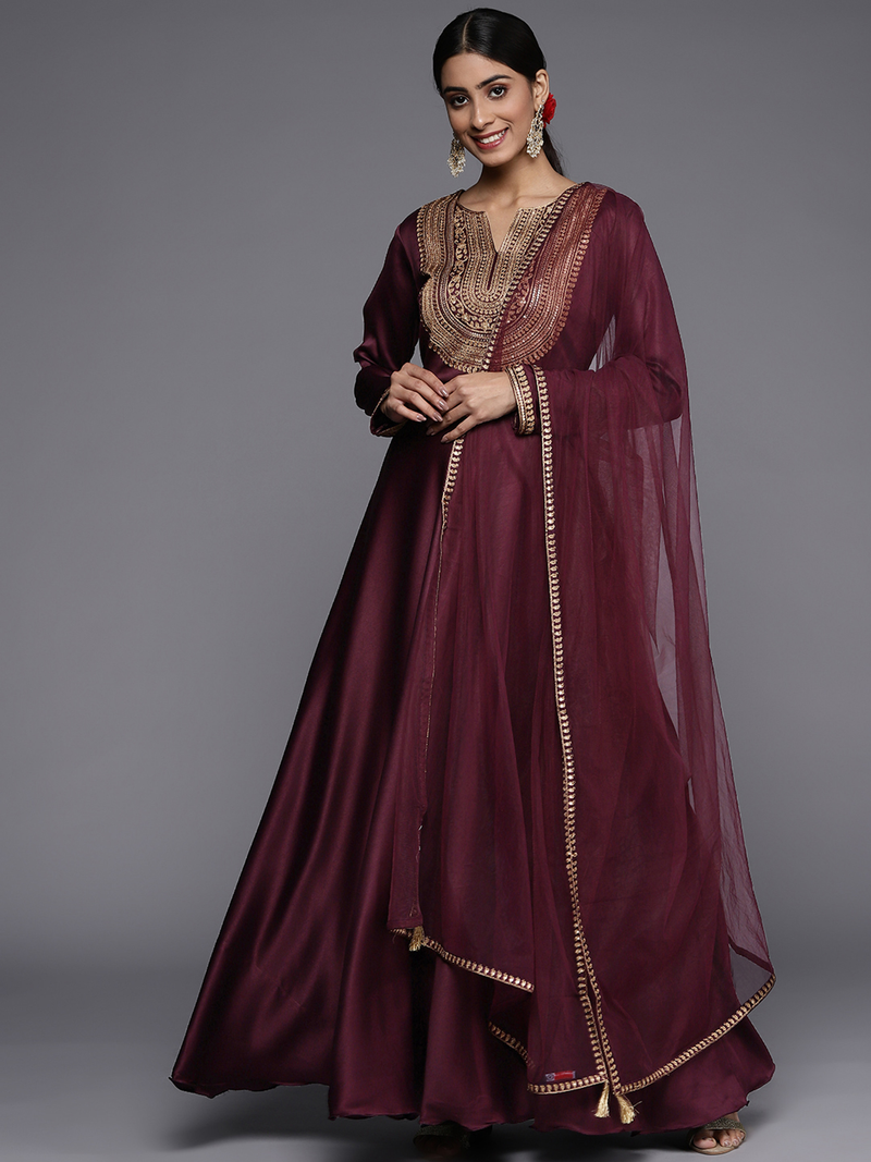 Elegant burgundy satin anarkali kurta set with intricate embroidery and matching dupatta