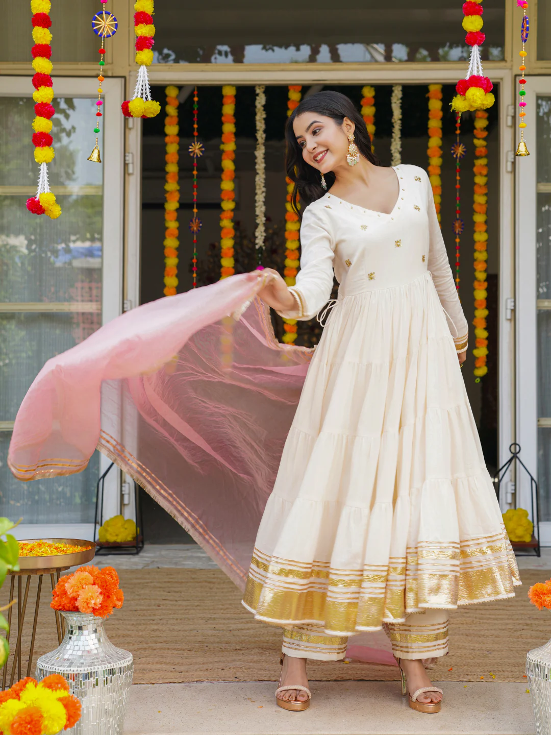 Cream Mulmul Cotton Festive Suit Set with Palazzo & Dupatta