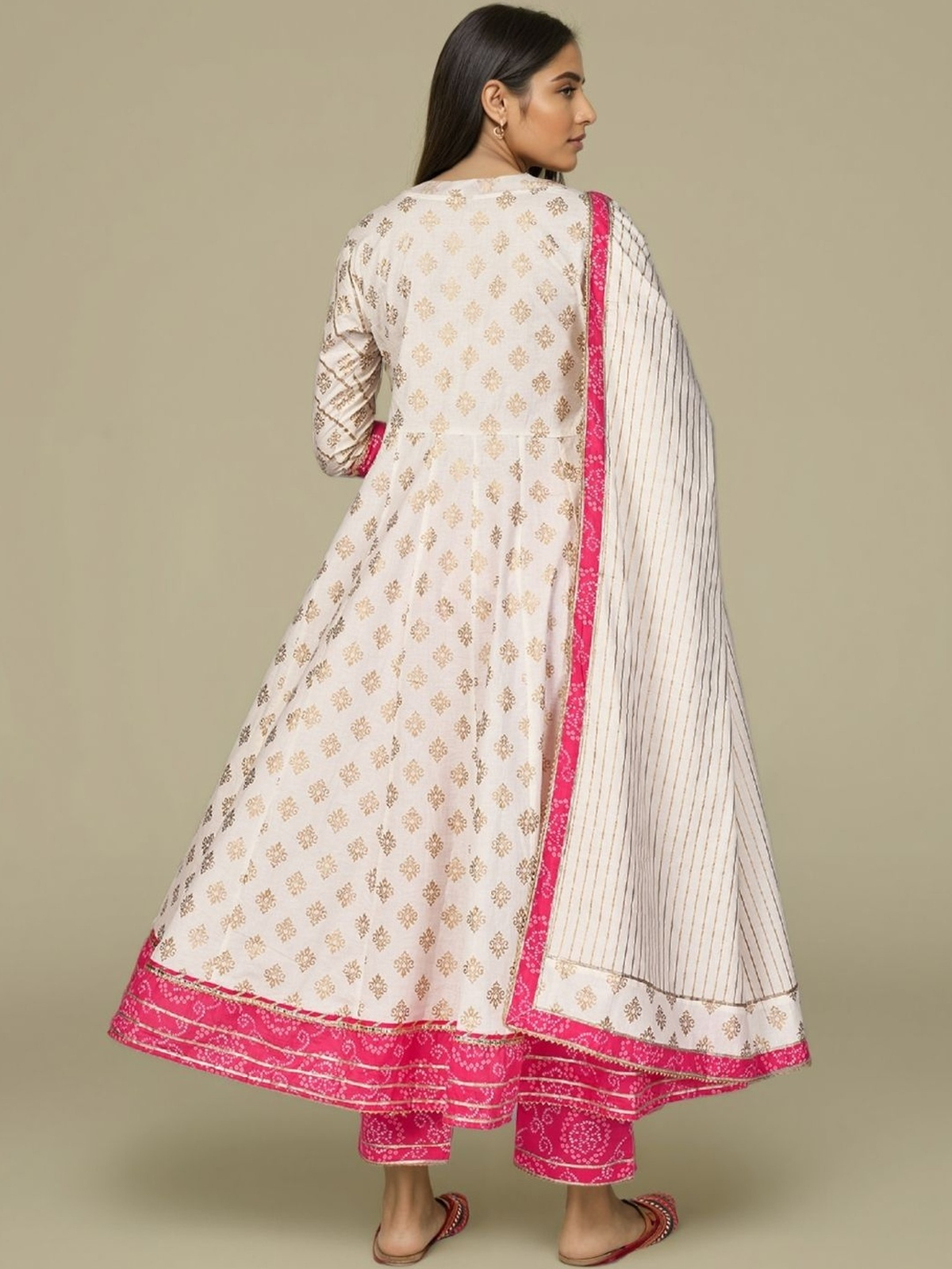 Women’s Beige Bandhani Print Anarkali Kurta Pant Set with Dupatta