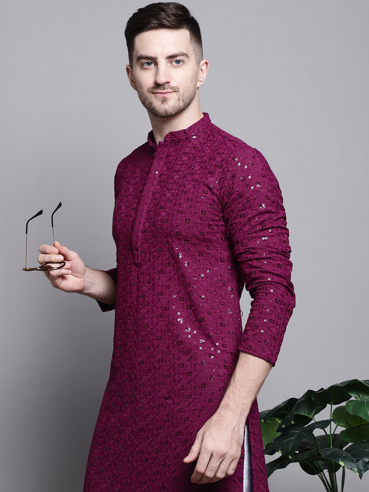 Men’s Purple Embroidered Cotton Kurta AROMIE | Affordable Indian Clothes & Dresses in Canada