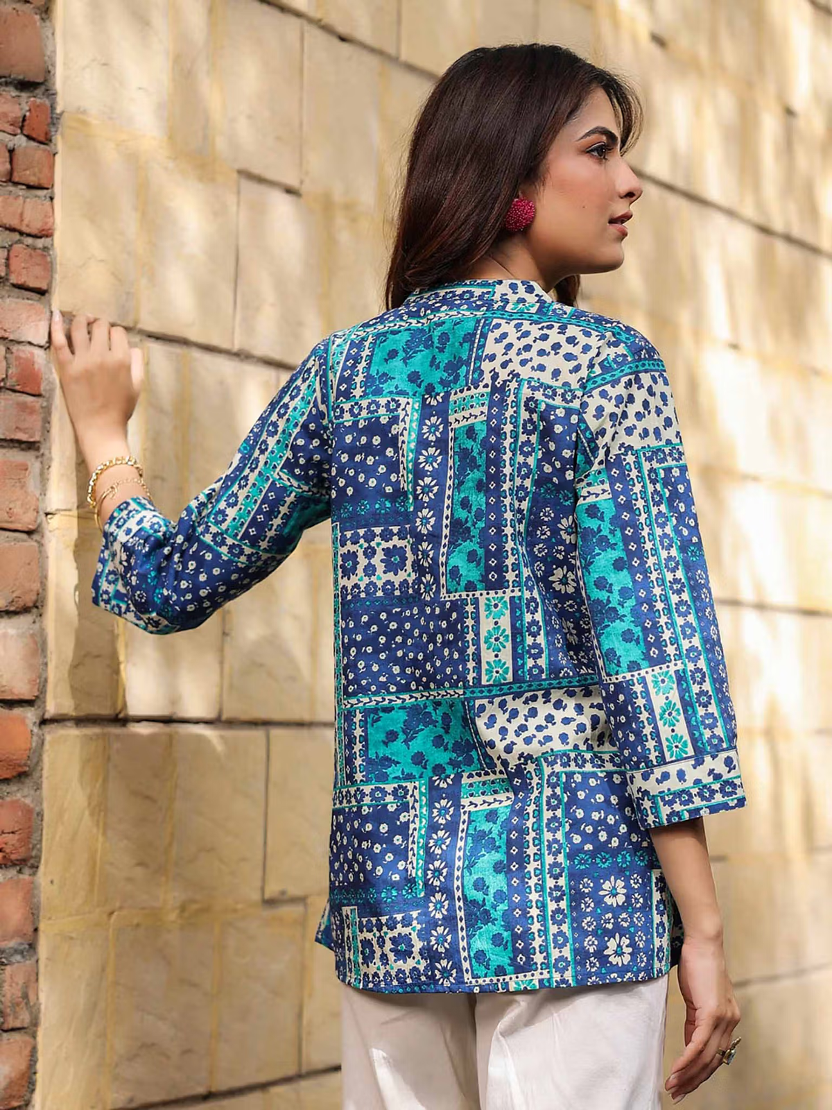 Indian jumpsuit for women aromie blue green patchwork fusion wear three quarter sleeve tunic back view