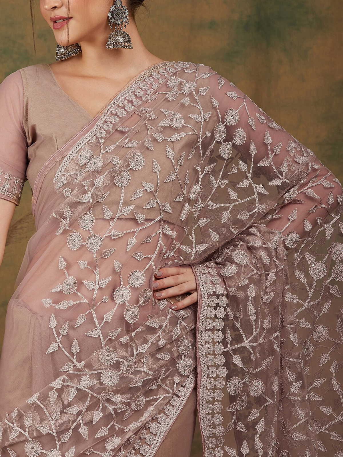 Beige Floral Embroidered Net Saree with Lace Border & Blouse Piece