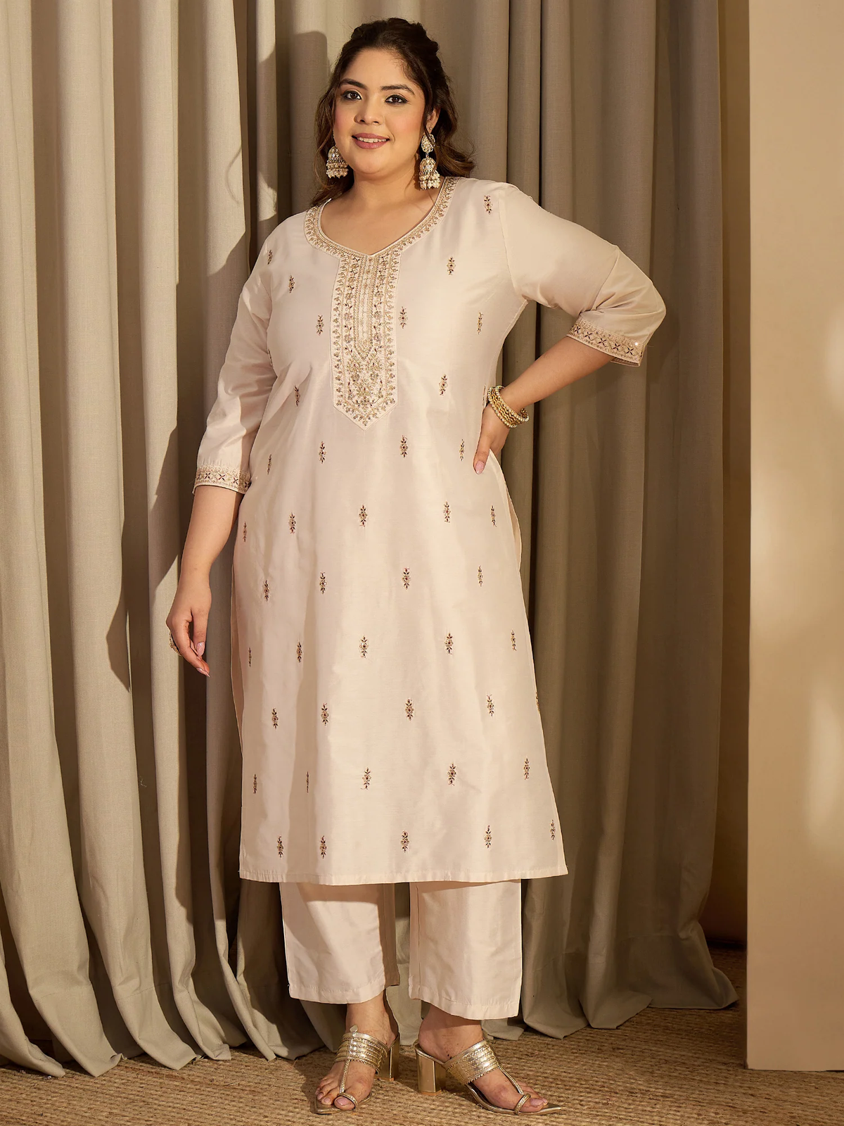 Plus Size Off White Embroidered Straight Kurta Set with Trousers & Dupatta