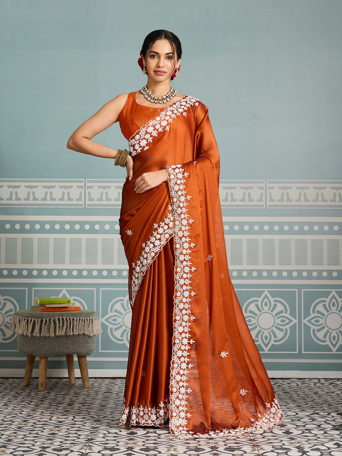 Rust & White Floral Embroidered Poly Silk Saree with Blouse Piece