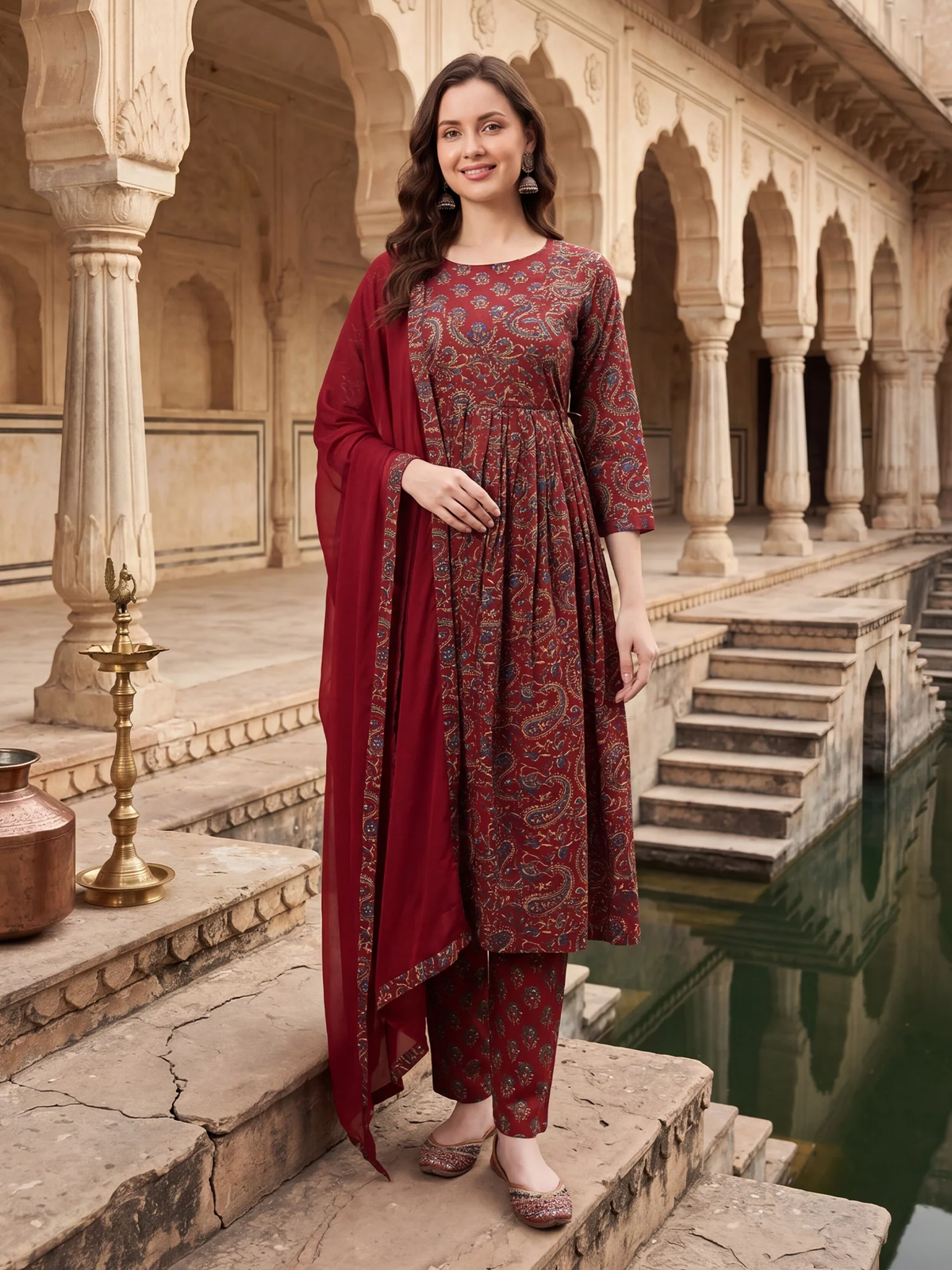 Woman in a red patterned outfit standing in an architectural setting with columns and water.