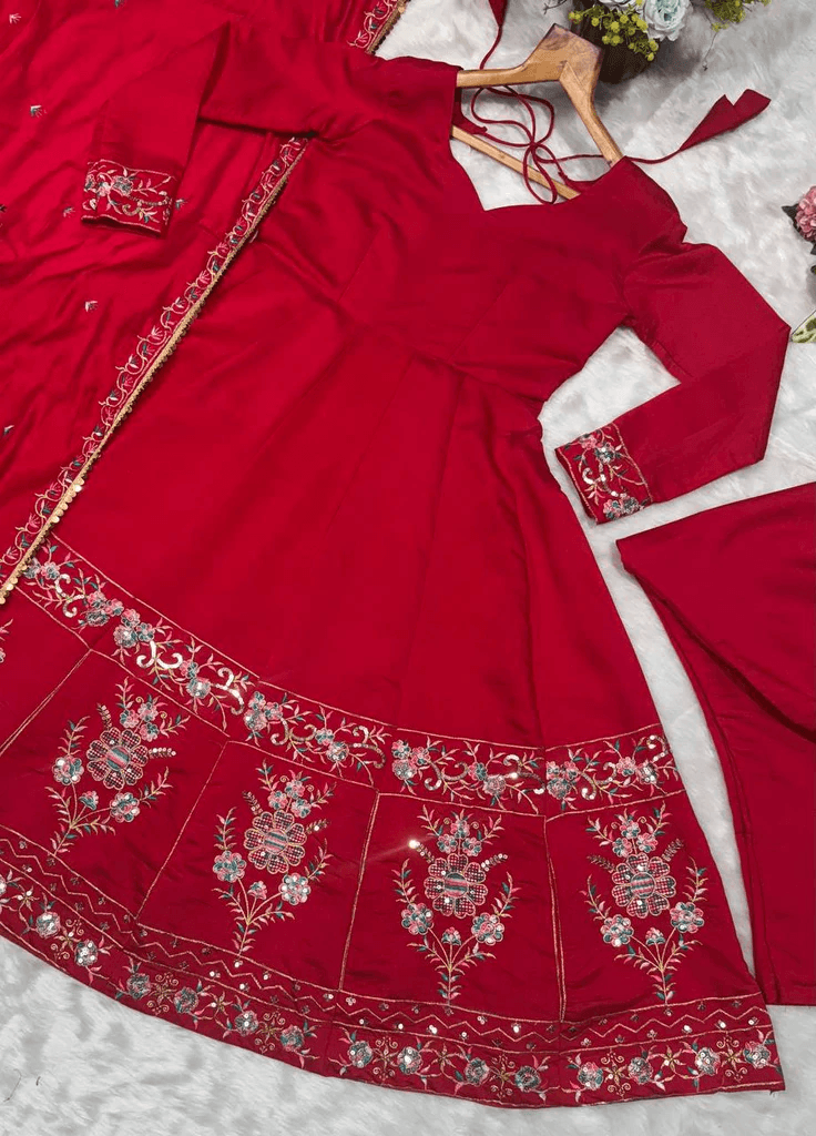 Red Roman Silk Anarkali Suit Set with Heavy Embroidery & Sequin Work