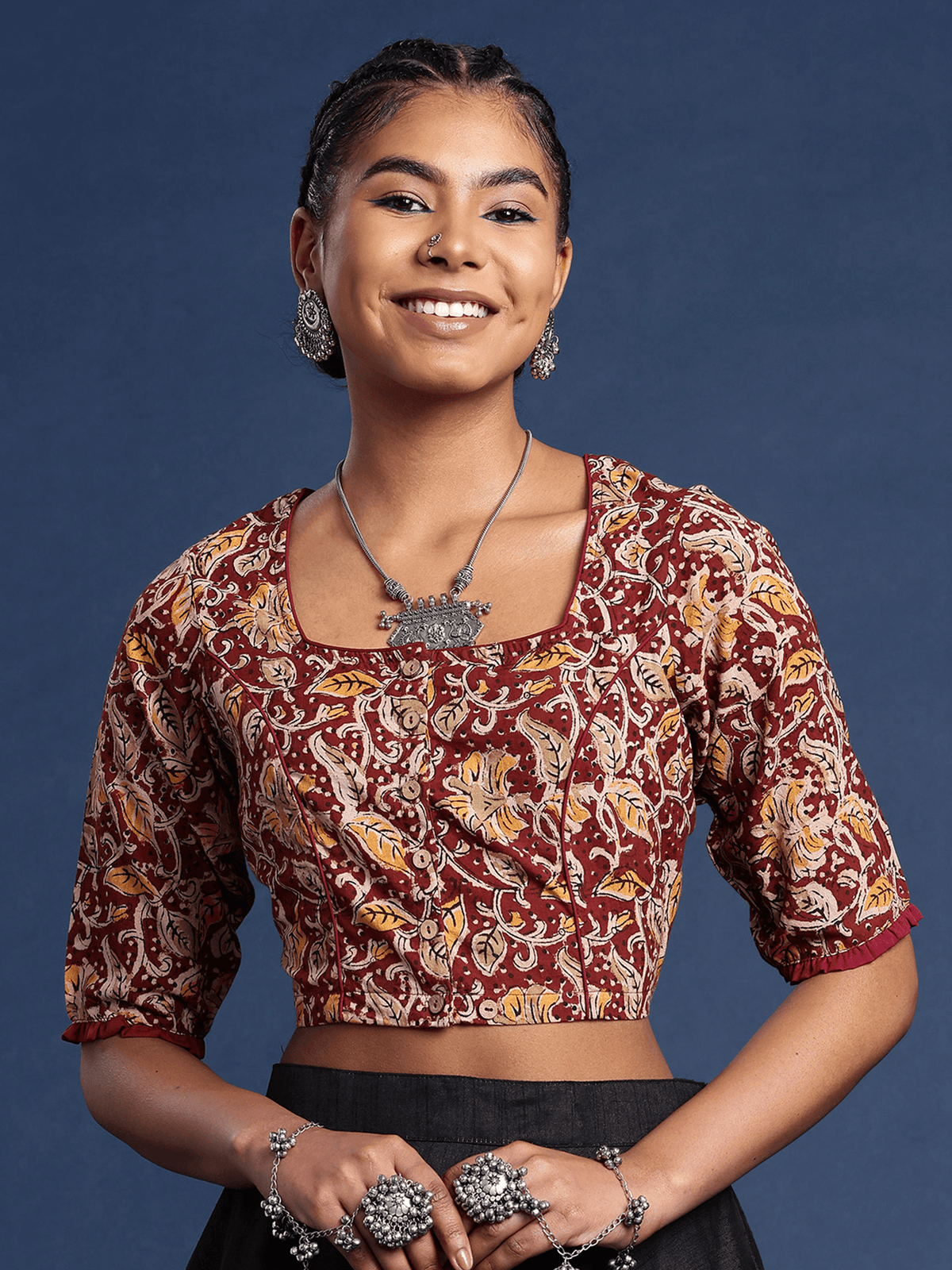 Kalamkari Hand Block Printed Cotton Non Padded Saree Blouse