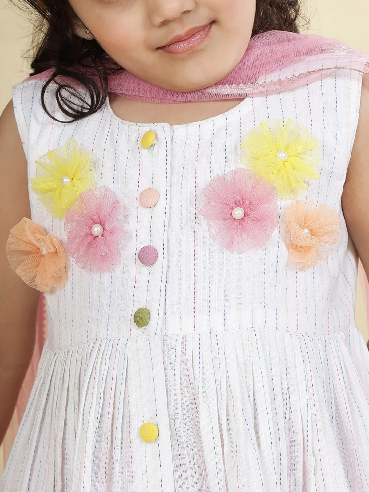 Multi Color Striped Floral handwork Cotton Kurta Salwar Set