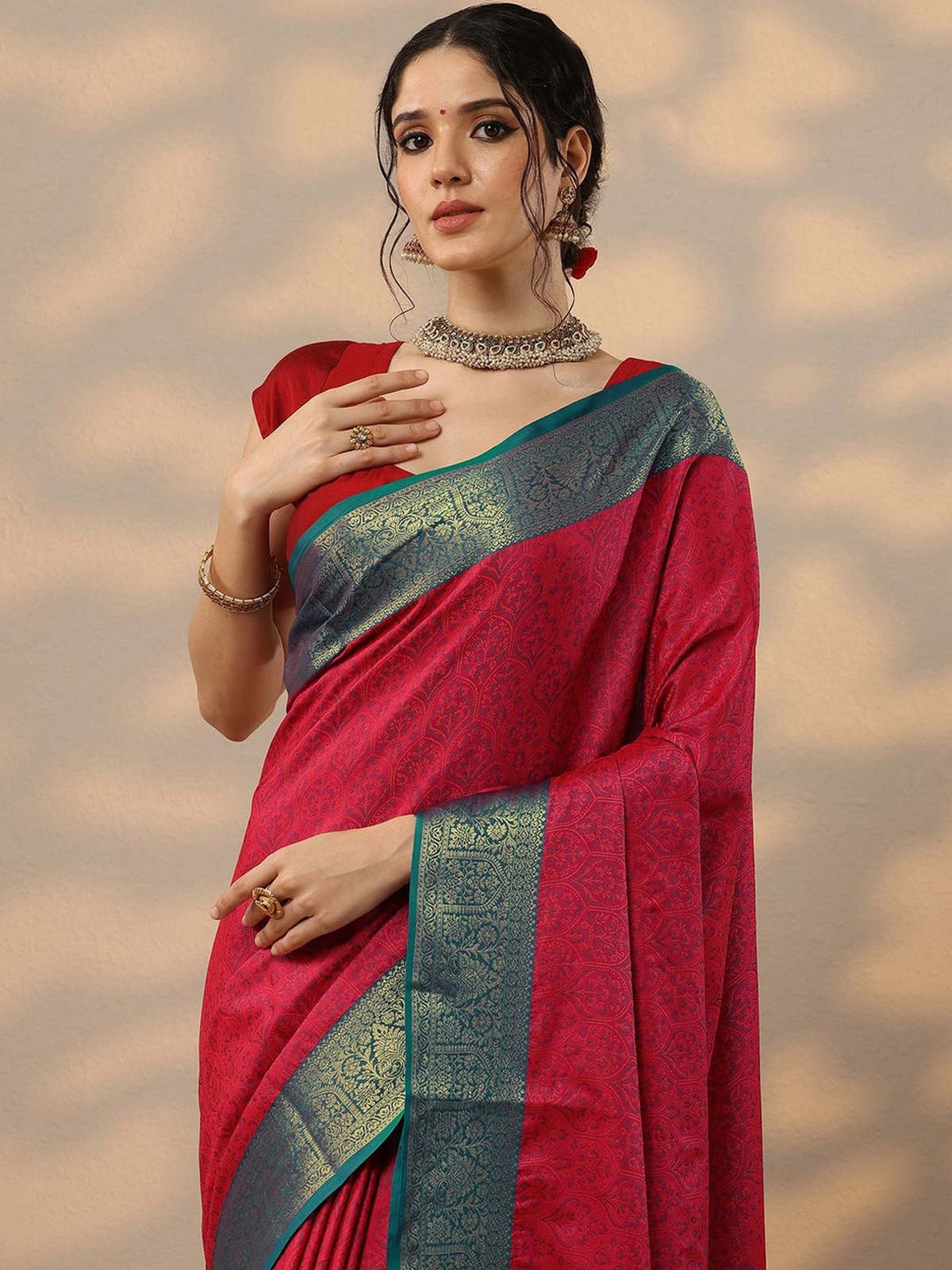 Red Kanjeevaram Silk Blend Saree with Woven Ethnic Motifs aromie