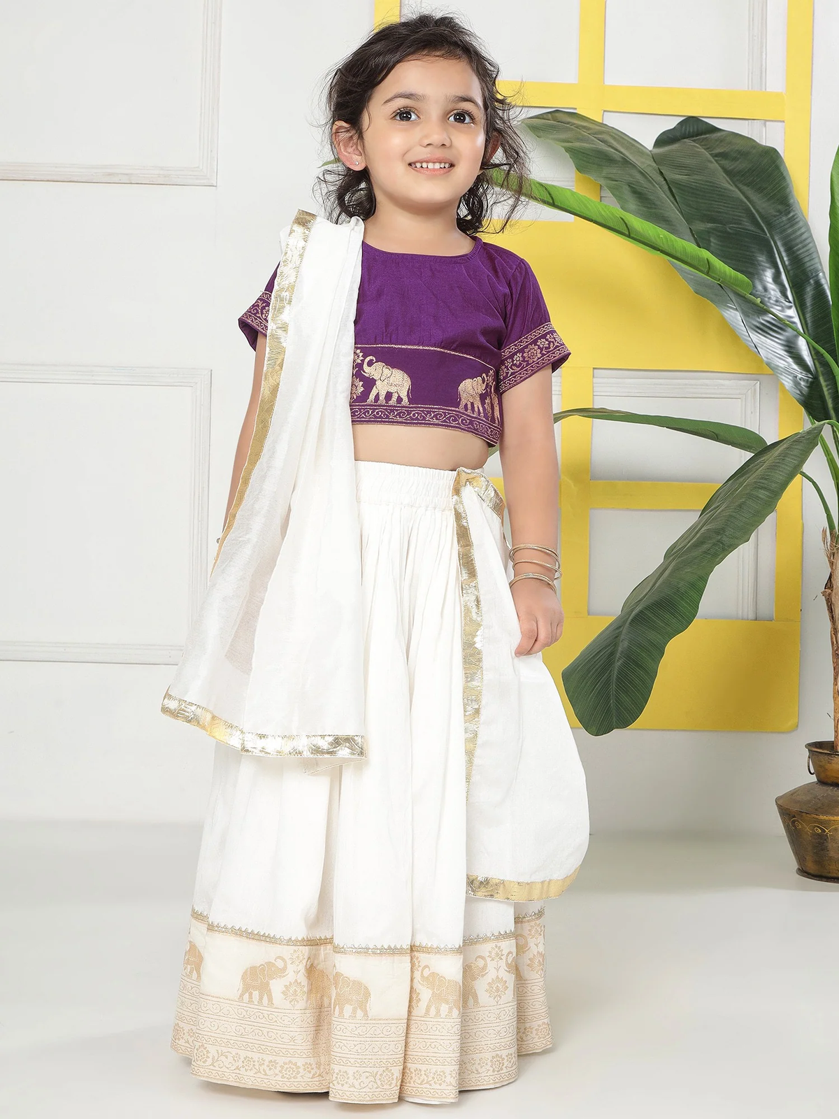 Cream Elephant Zari Embroidery Chanderi Cotton Lehenga with Stitched Purple blouse Set