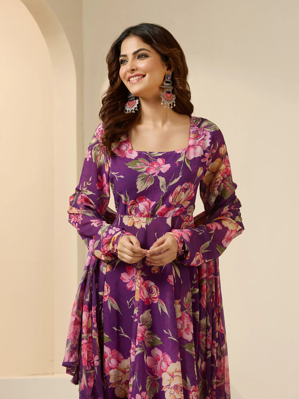 Graceful purple Polyester Printed fit and flare Kurta set with dupatta