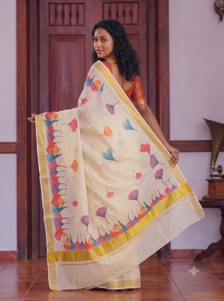 Cream Tissue Kasavu Saree with Multicolour Floral Print
