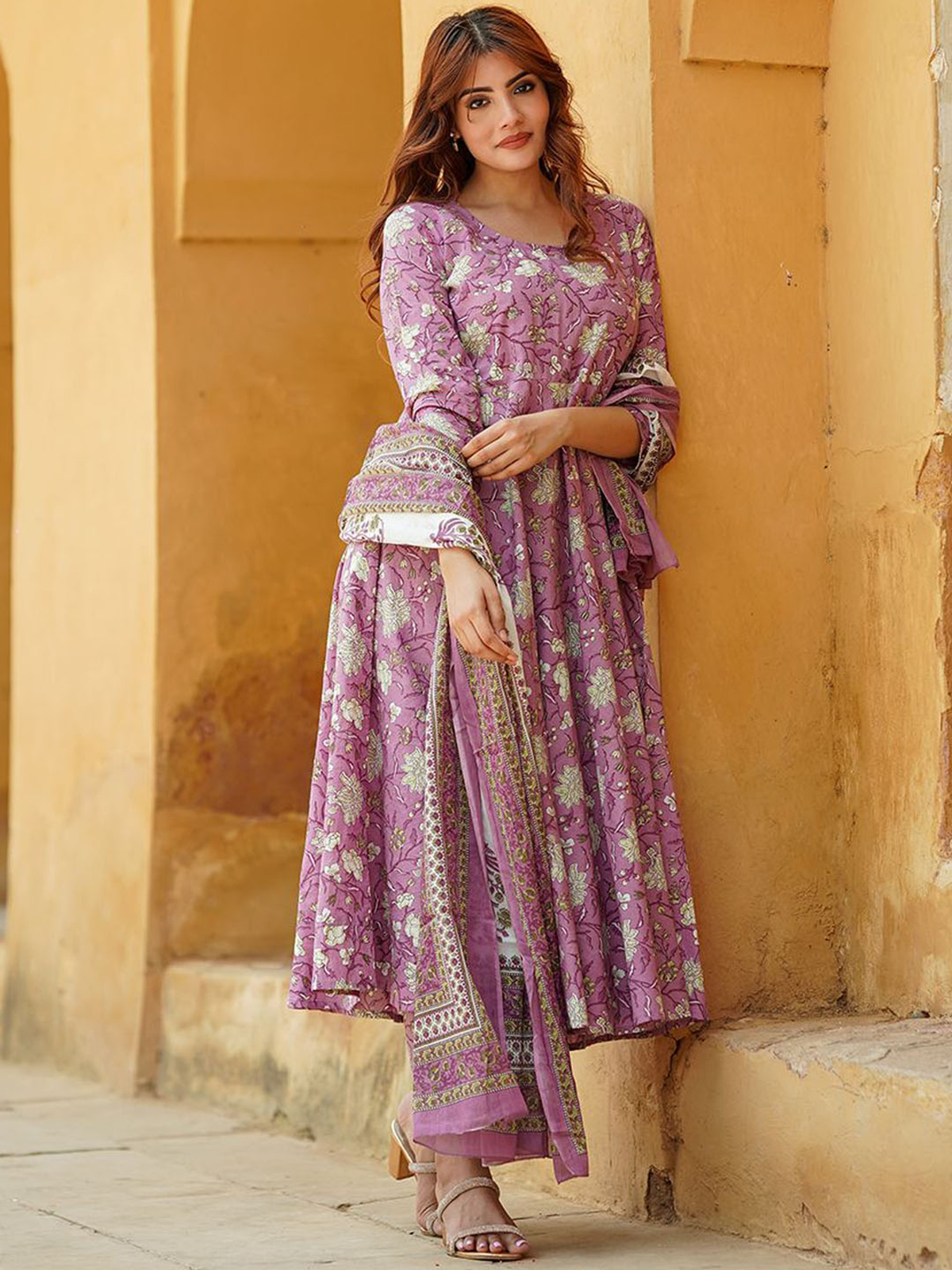 Mauve & White Floral Printed Cotton Anarkali Kurta Set with Trousers & Dupatta