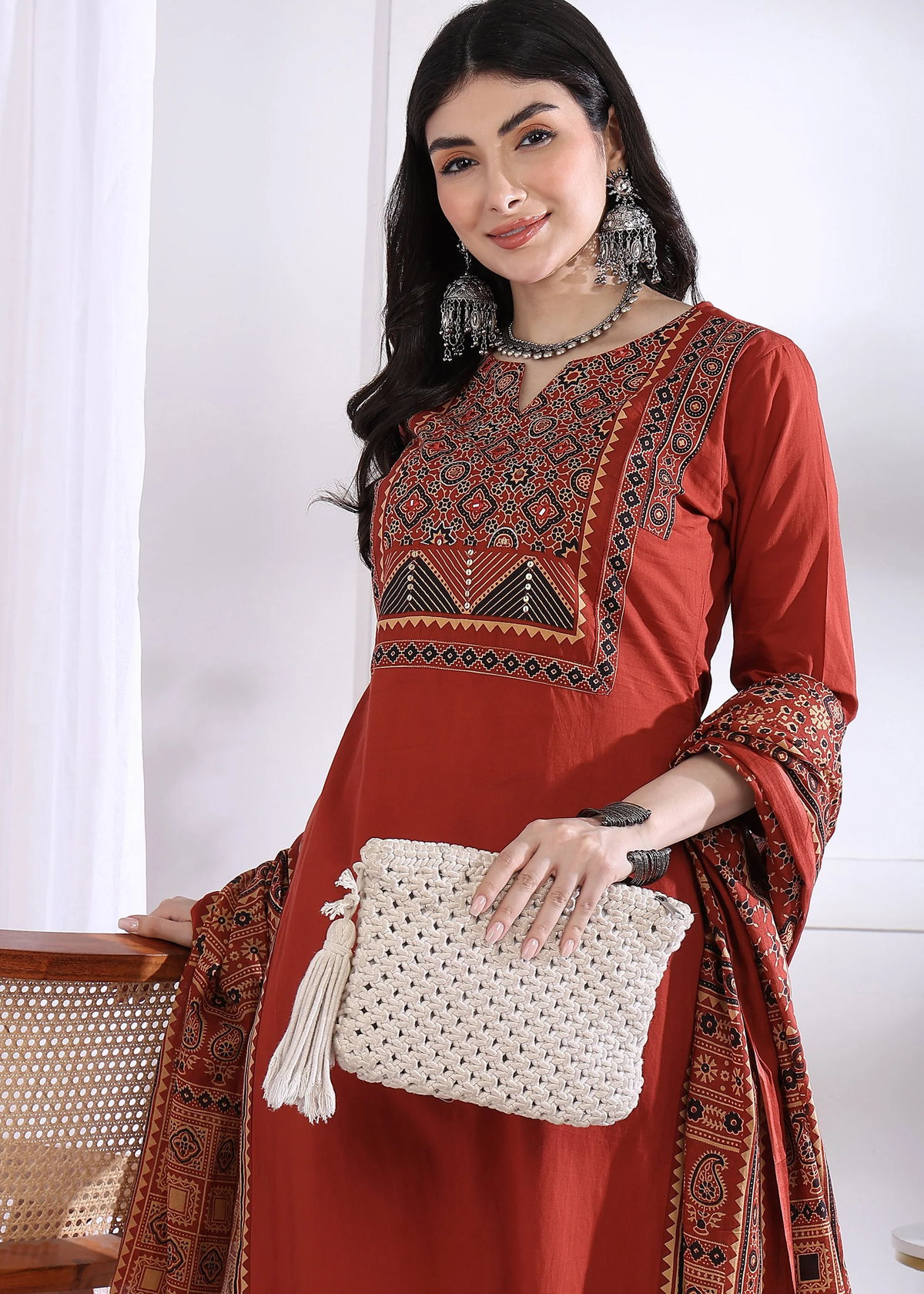 Red Cotton Straight Kurta Set with Printed Dupatta aromie