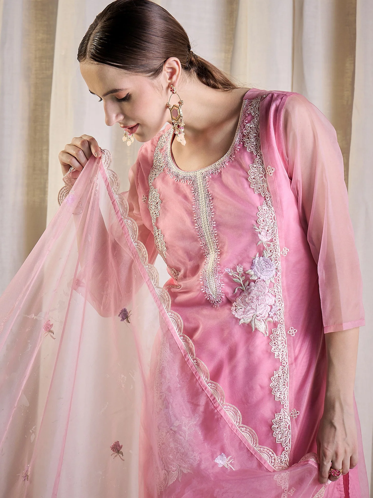Pink Embroidered Organza Straight Suit Set with Trousers & Dupatta