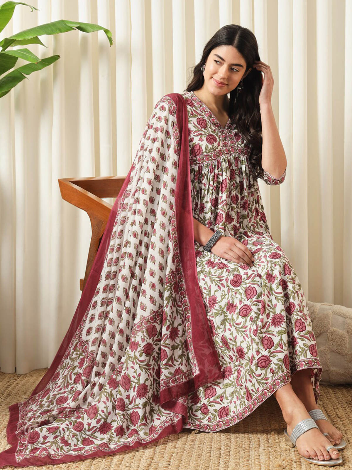 Floral Printed Pure Cotton Empire Kurta With Trouser & Dupatta