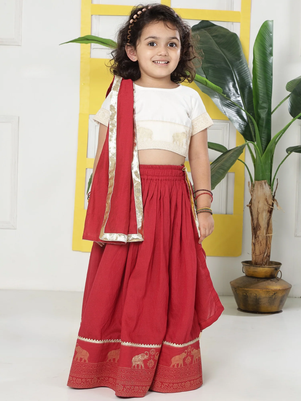 Red Elephant Zari Embroidery Chanderi Cotton Lehenga with Stitched Cream Blouse Set