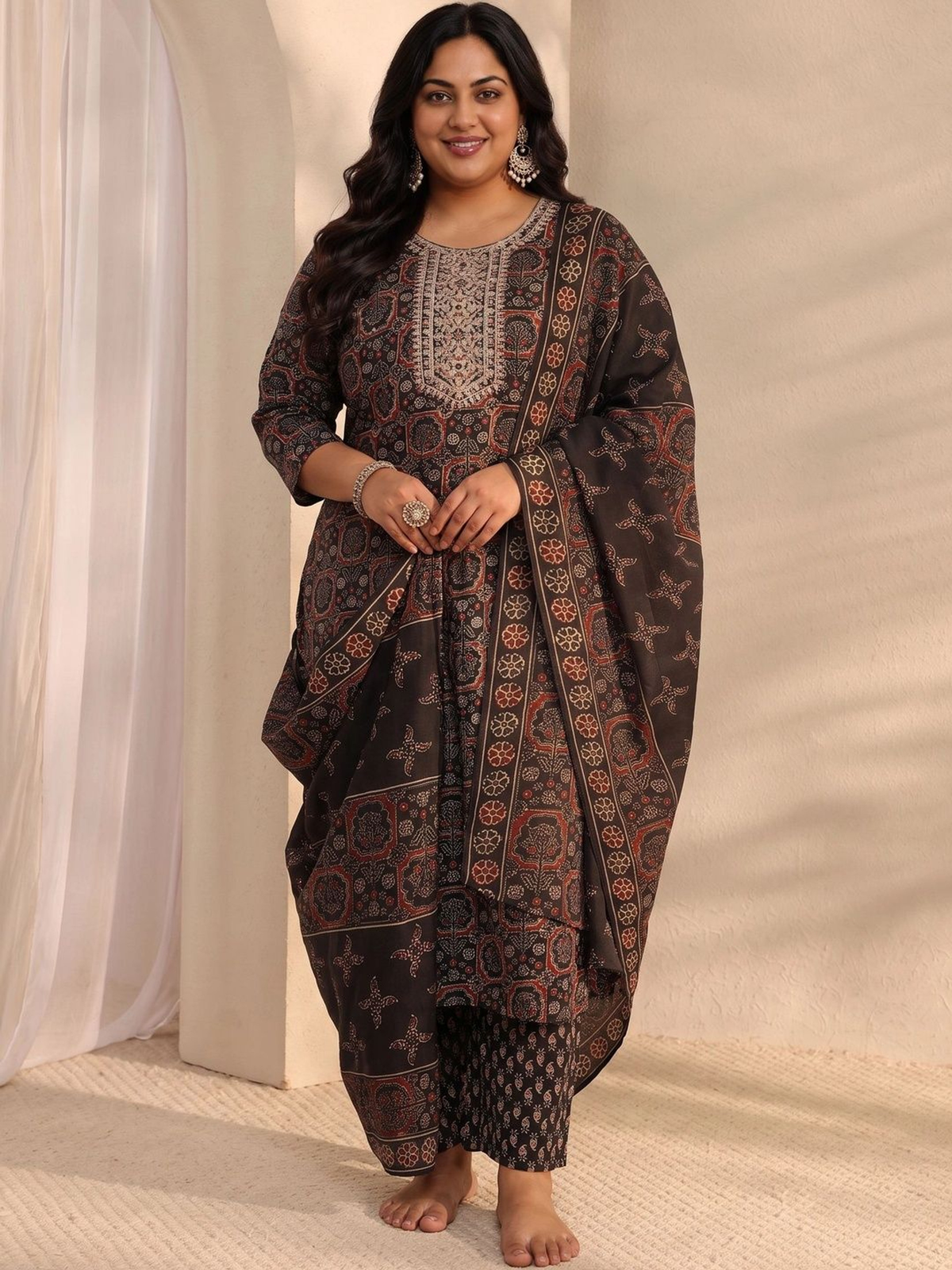 Black Printed Cotton Blend Kurta Set with Trousers & Dupatta aromie
