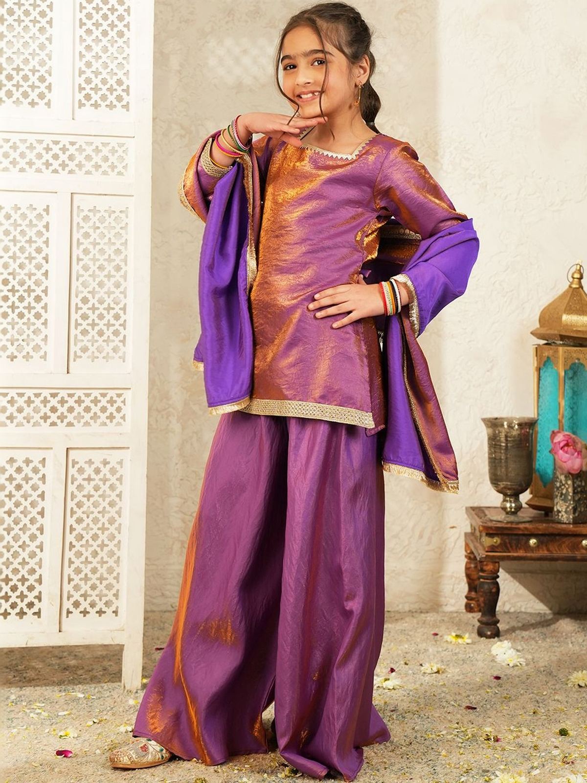 Girls Dyed Regular Kurta with Palazzos & With Dupatta