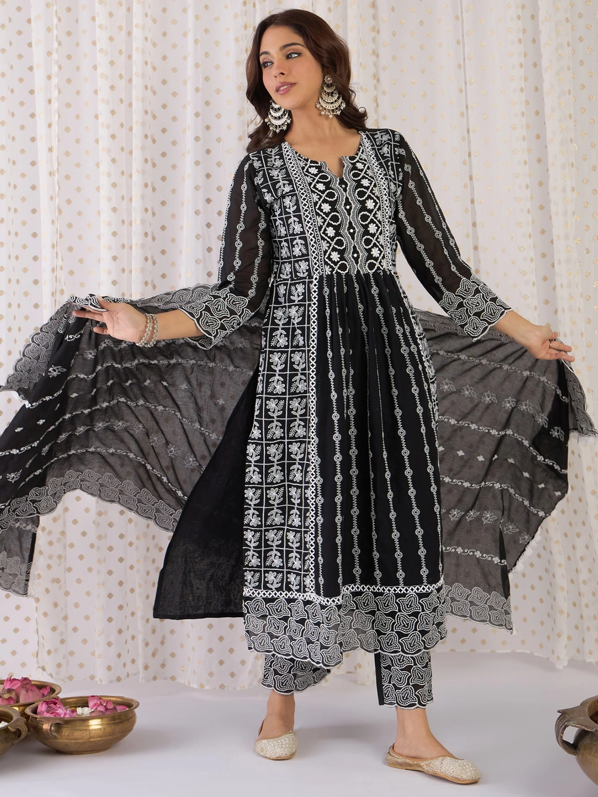 Black Embroidered Pure Cotton Kurta Set with Dupatta aromie