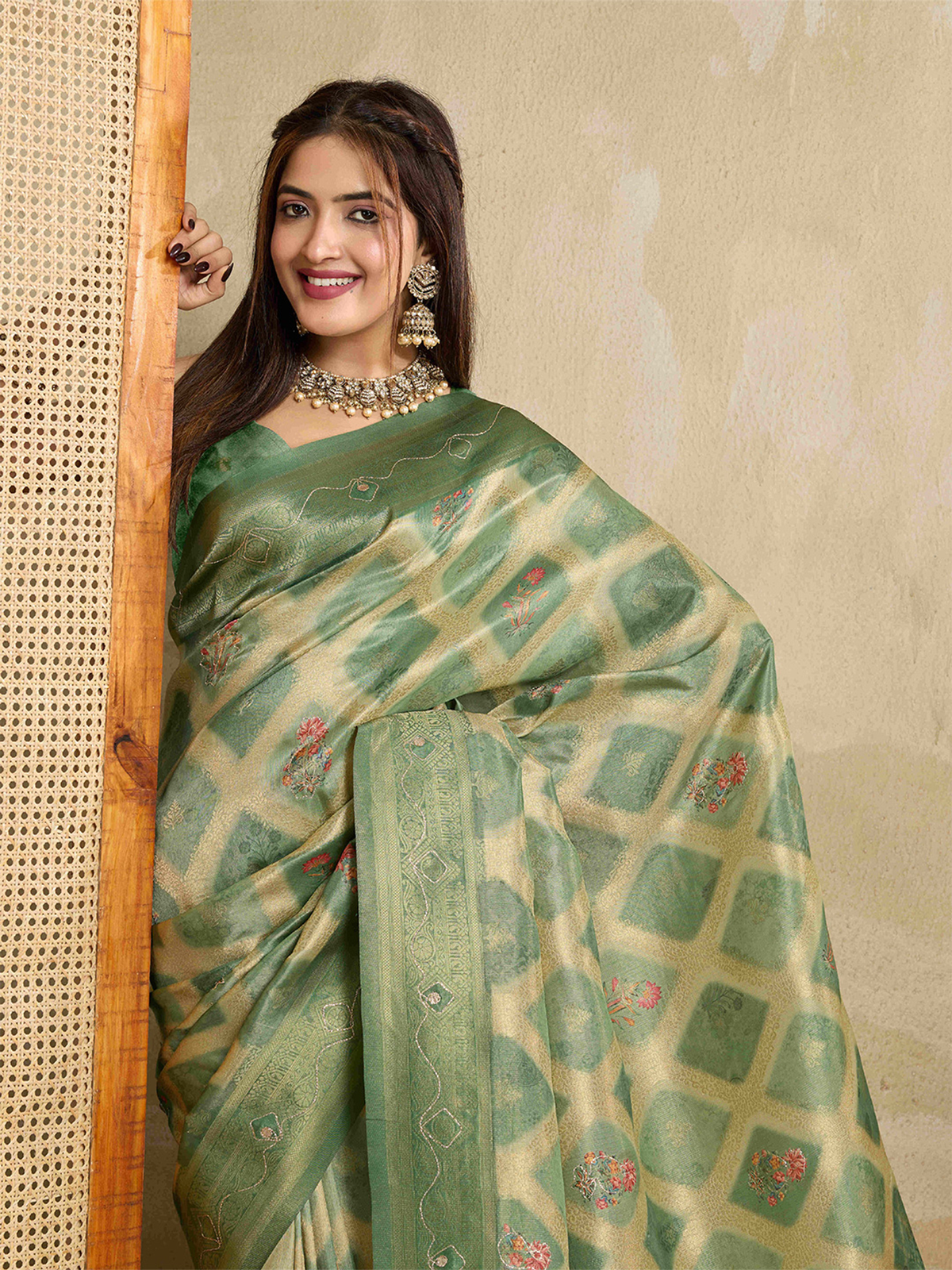 Green & Beige Banarasi Art Silk Saree with Aari Work & Woven Border