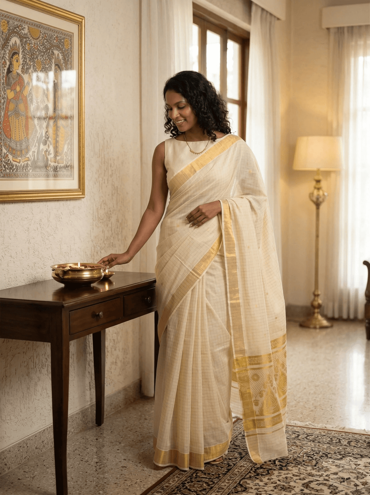 Cotton Cream Saree with Small Checked Pattern Set Saree