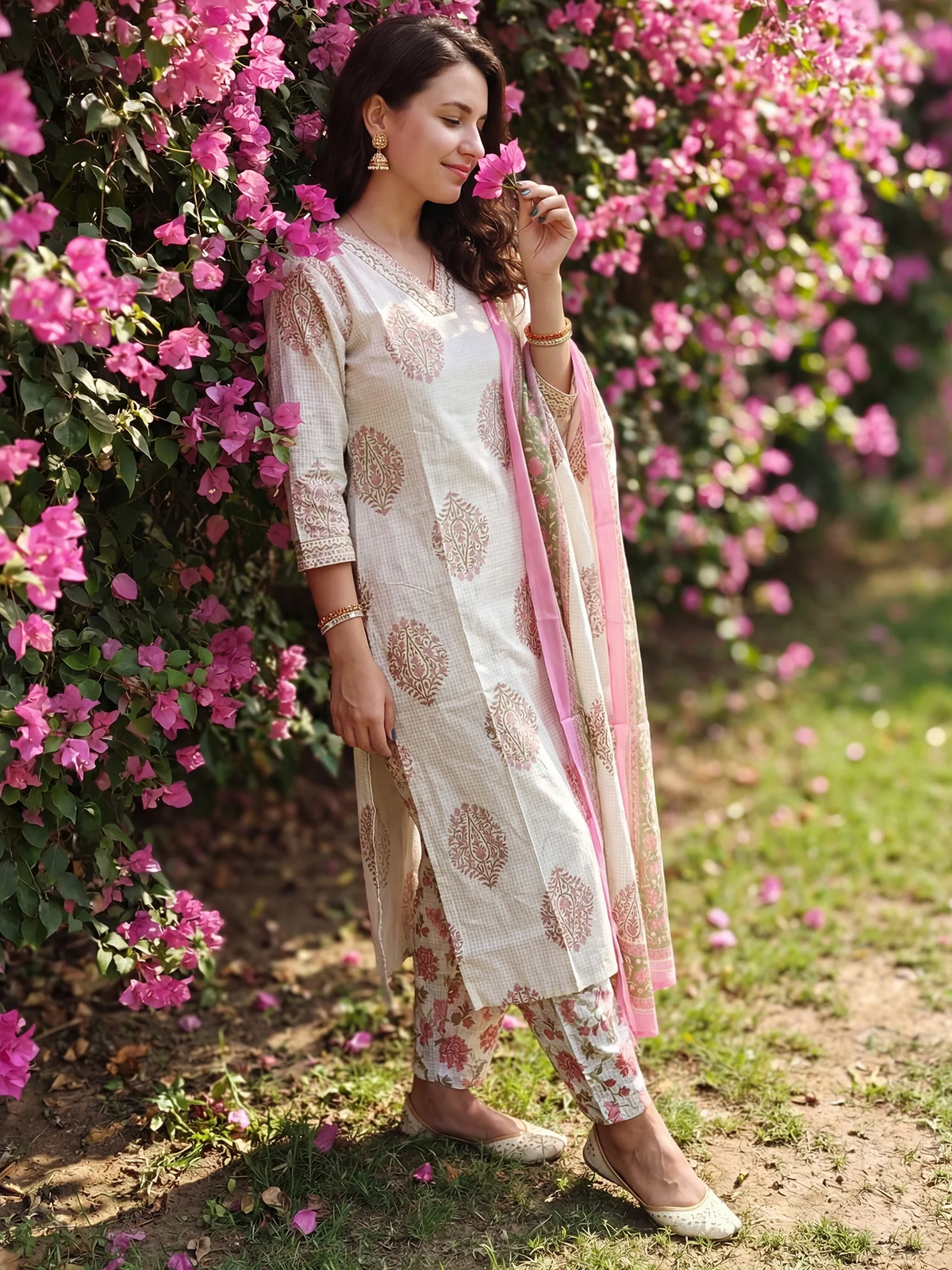 Woman in a traditional outfit standing in front of pink flowers