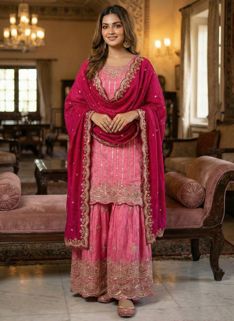 Pink Chinon Embroidered Palazzo Suit
