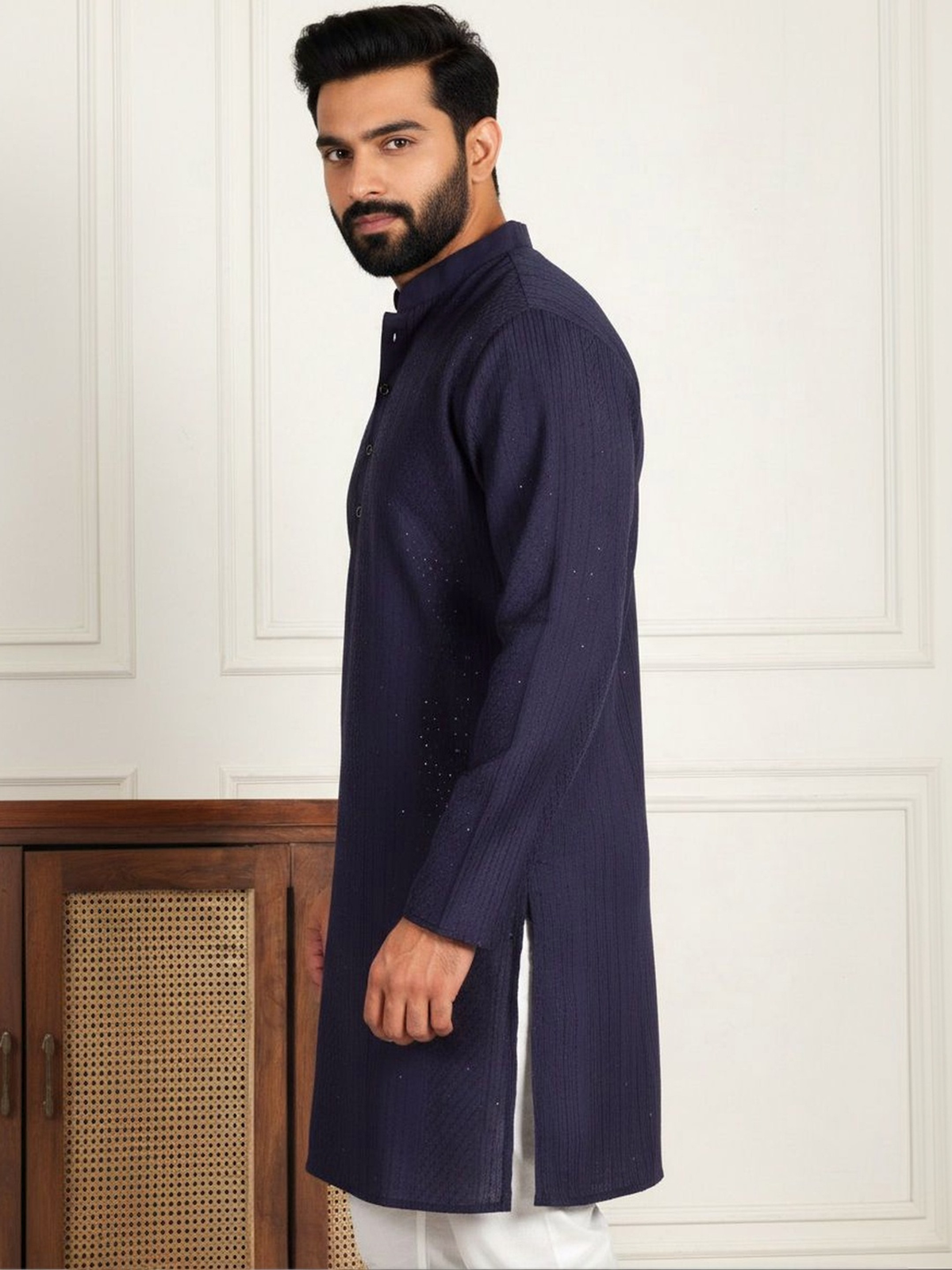 Men’s Navy Blue Textured Pure Cotton Kurta AROMIE | Affordable Indian Clothes & Dresses in Canada