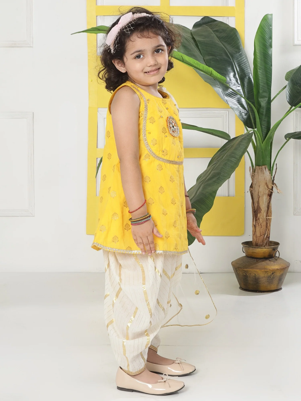 Yellow Cream Floral Zari Embroidery Cotton Kurta Salwar Set with Dupatta