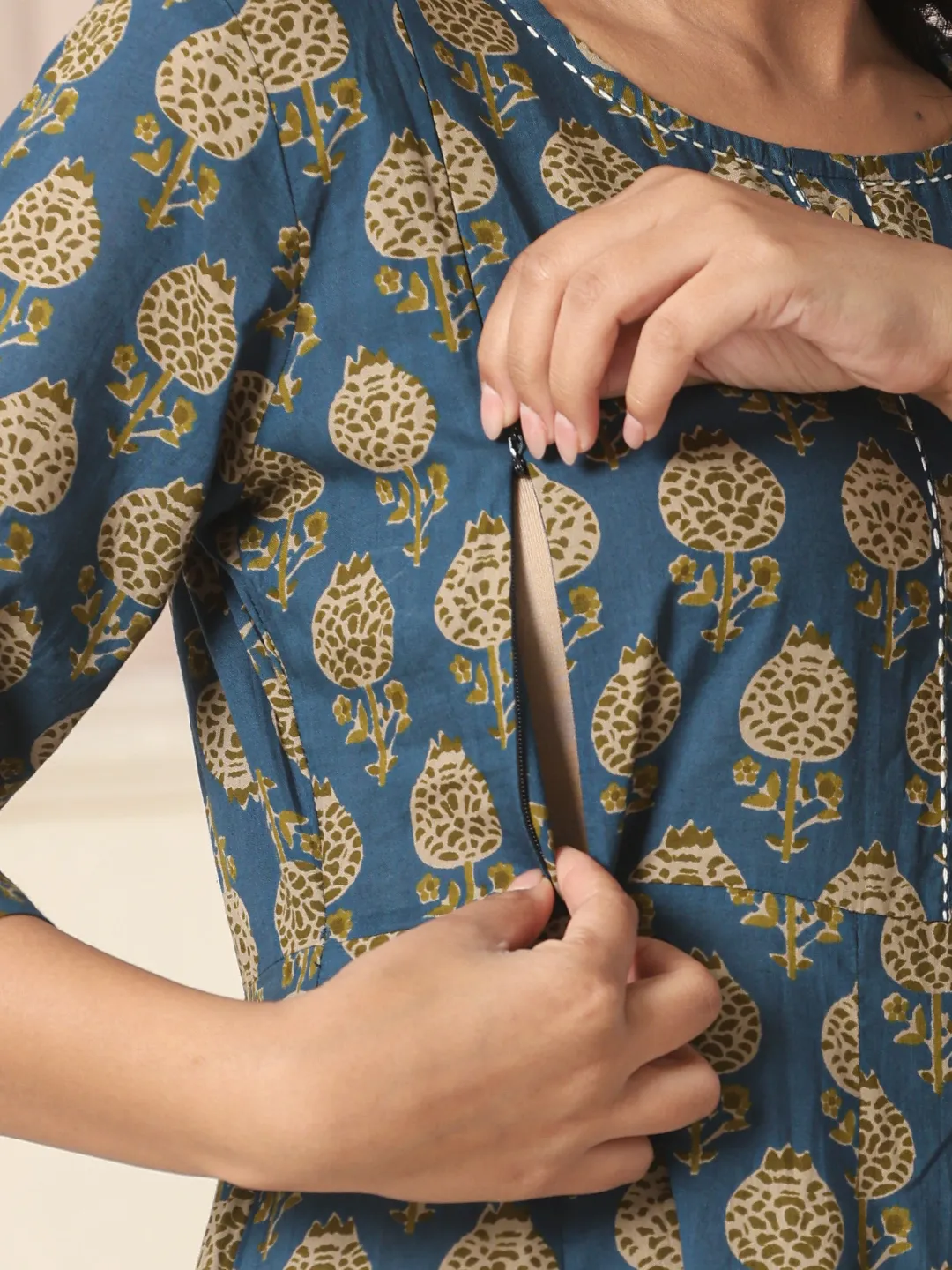 Blue Floral Printed Pure Cotton Maternity Kurta Set with Trousers & Dupatta