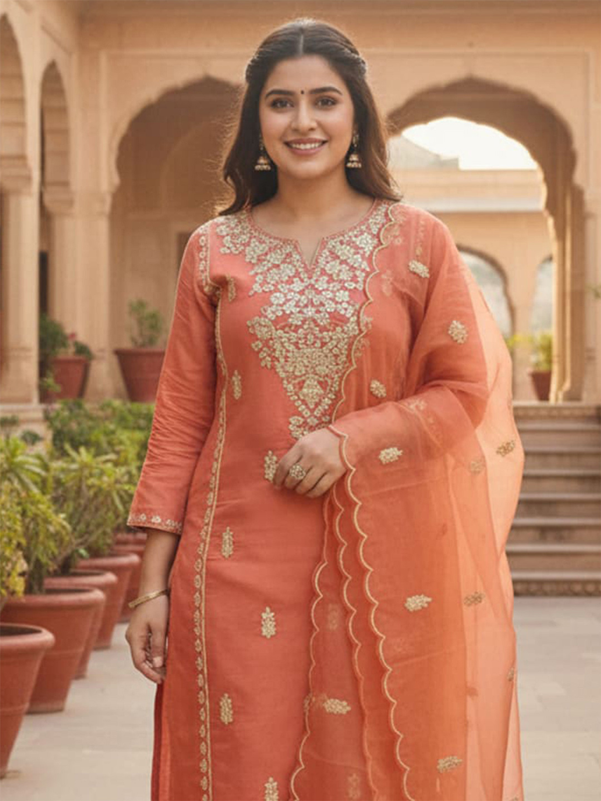 Cream Floral Printed Cotton Anarkali Kurta Set with Trousers & Dupatta