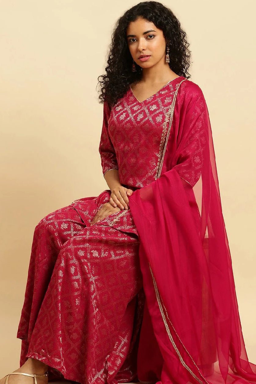 Elegant three piece Kurtha in pink with intricate patterns, perfect casual rayon kurta set for stylish outings