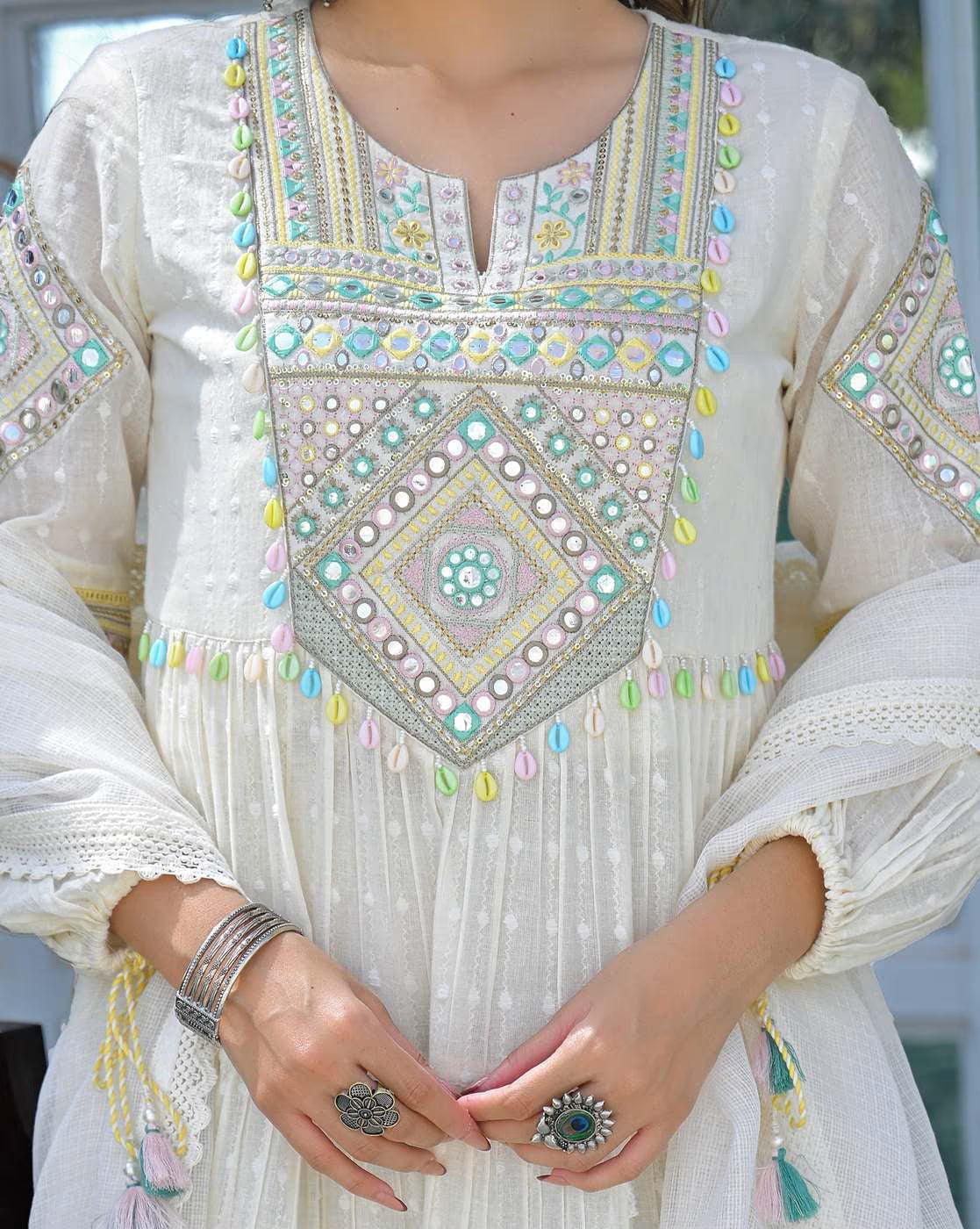 Elegant three piece casual rayon kurta set with intricate embroidery and colorful beadwork details